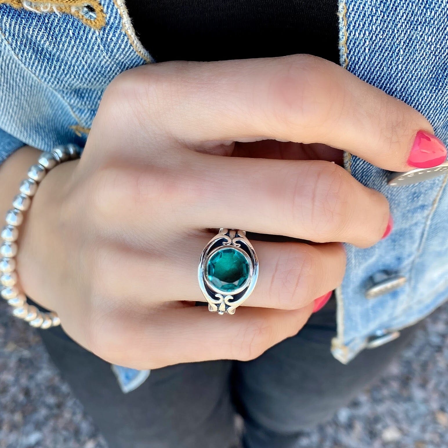 Blue green stone ring with .925 sterling silver