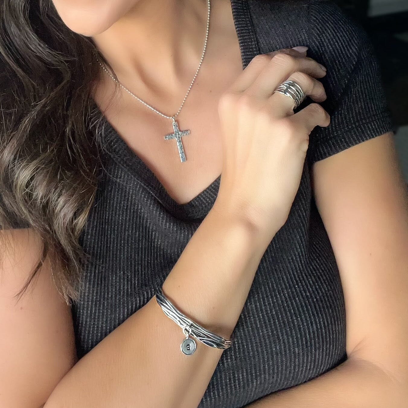 True You Personalized Cuff paired with Cherished One Necklace and Through it All Ring