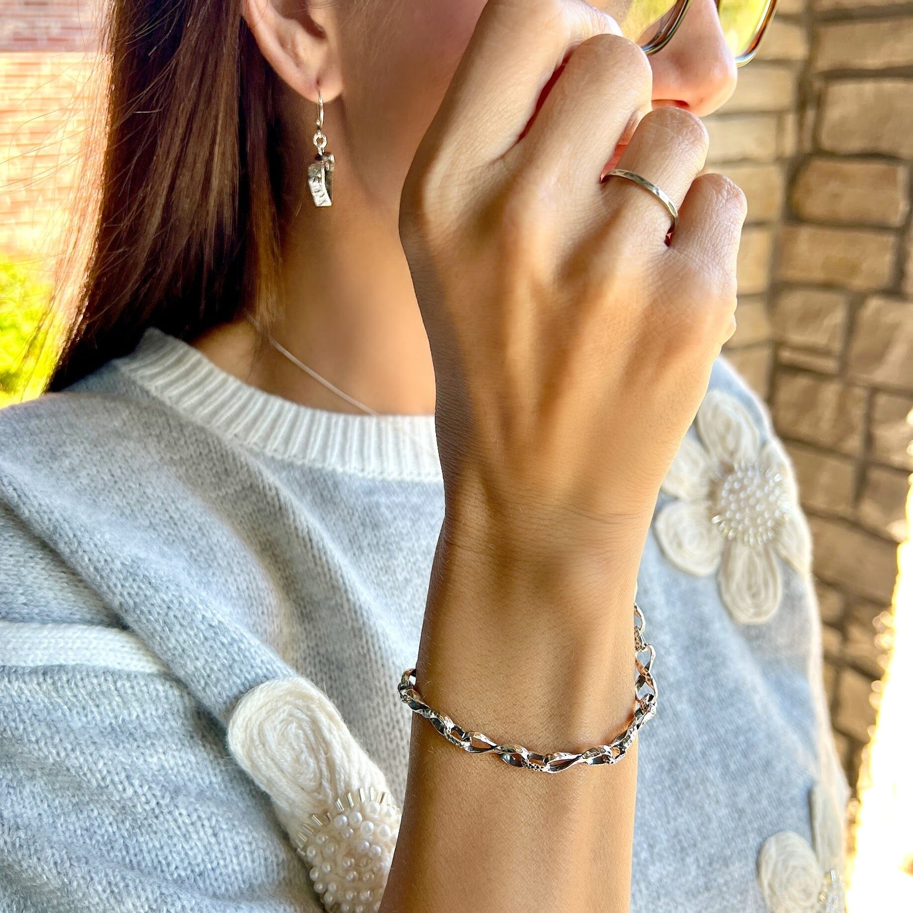 Tumbled Spur Bracelet paired with Thinline Hammered Band and Love-Struck Earrings