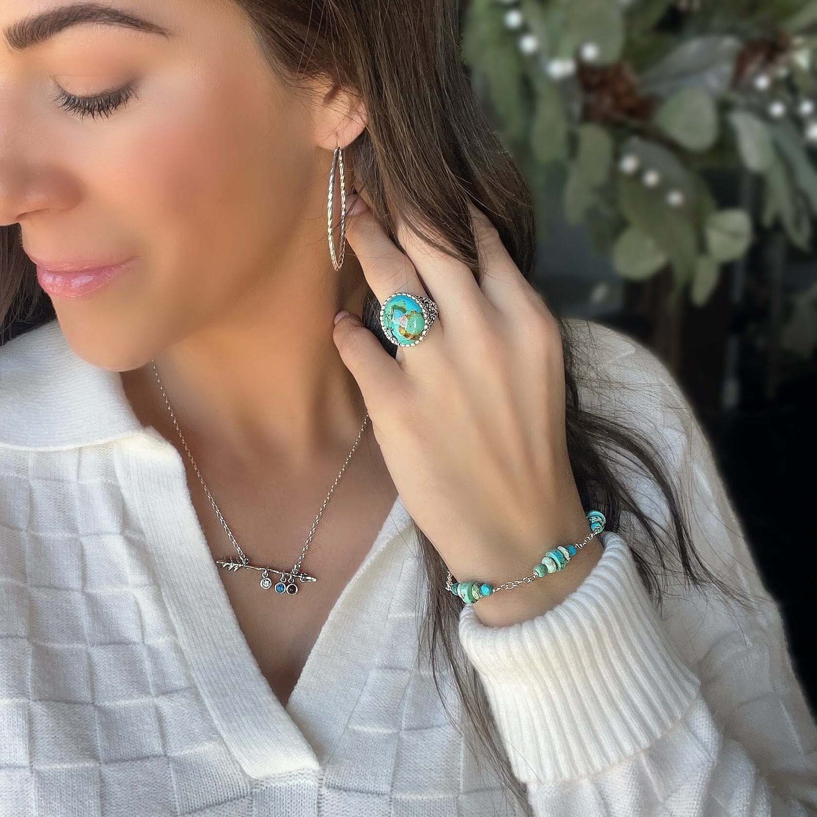 tumbled turquoise bracelet paired with Arizona Sky ring personalized raising arrow necklace and pulled taffy earrings
