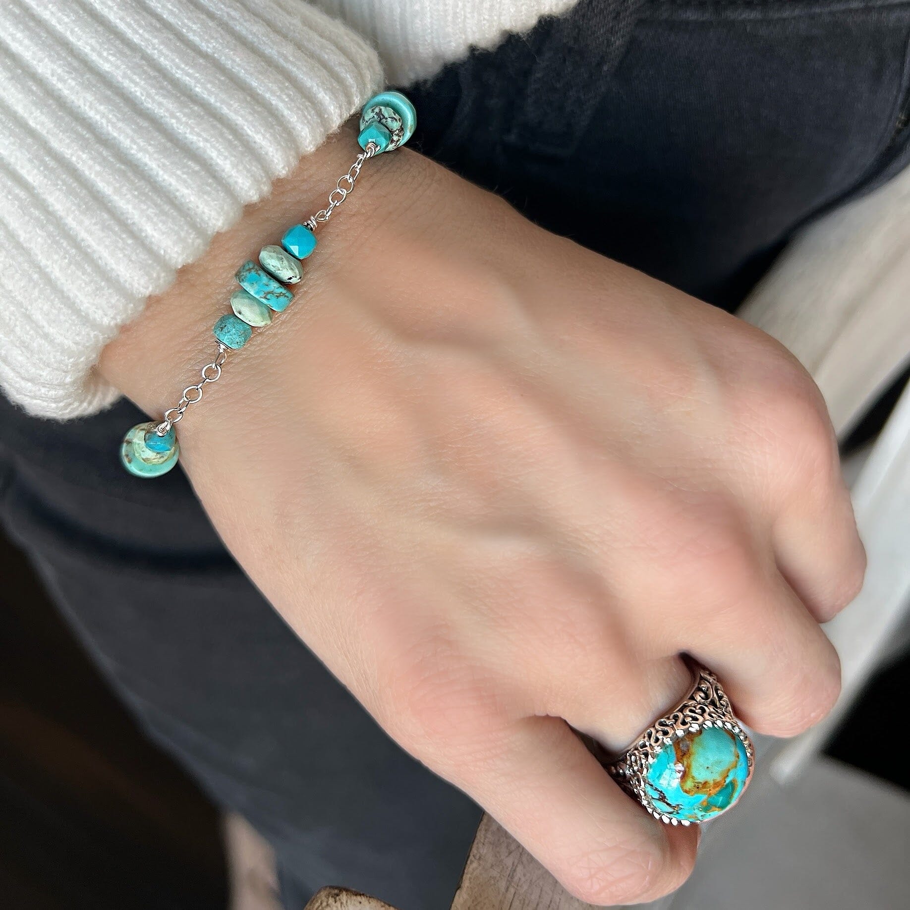 tumbled turquoise beads with sterling silver chain paired with Arizona sky ring