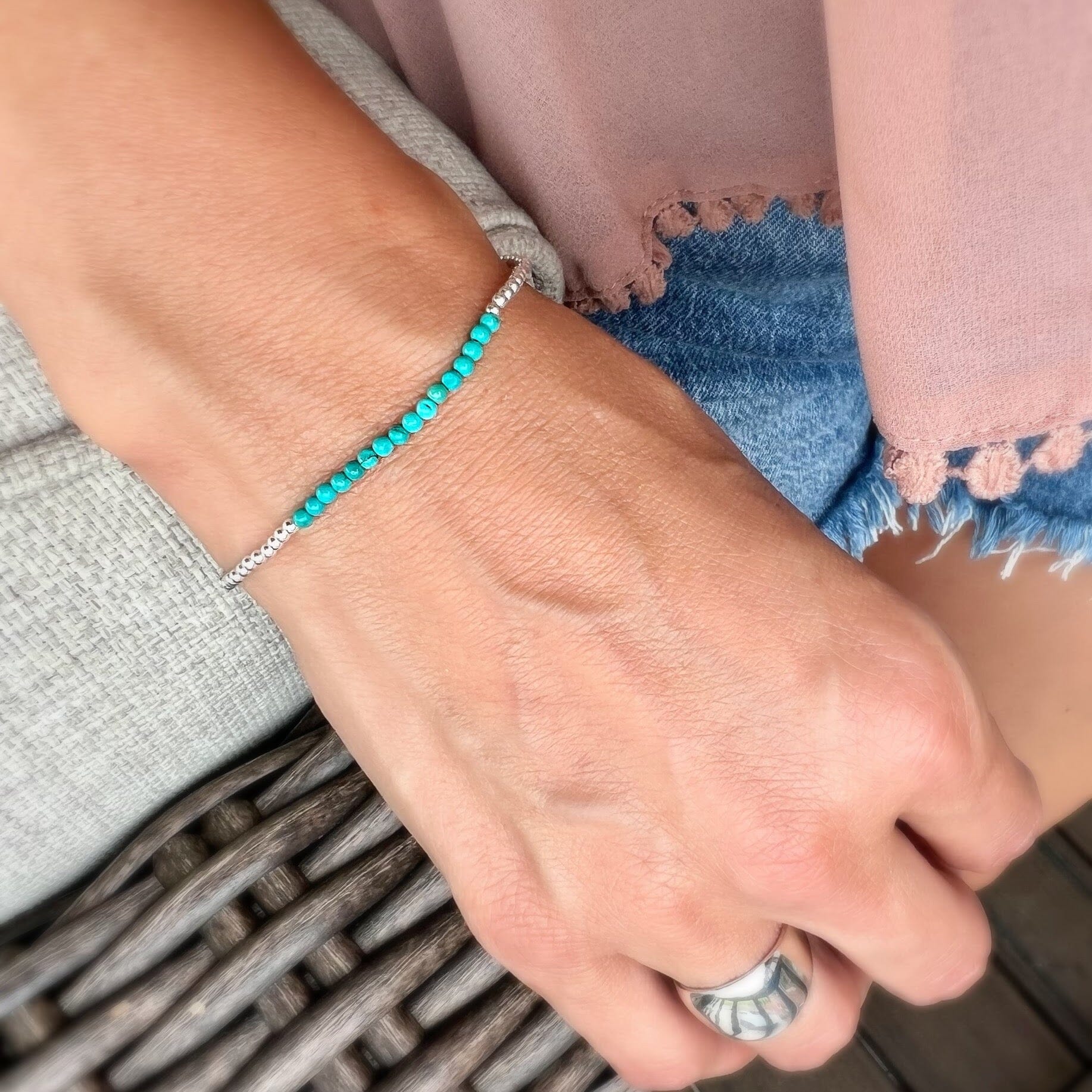 Turquoise Bead bracelet worn with Classic Dome ring
