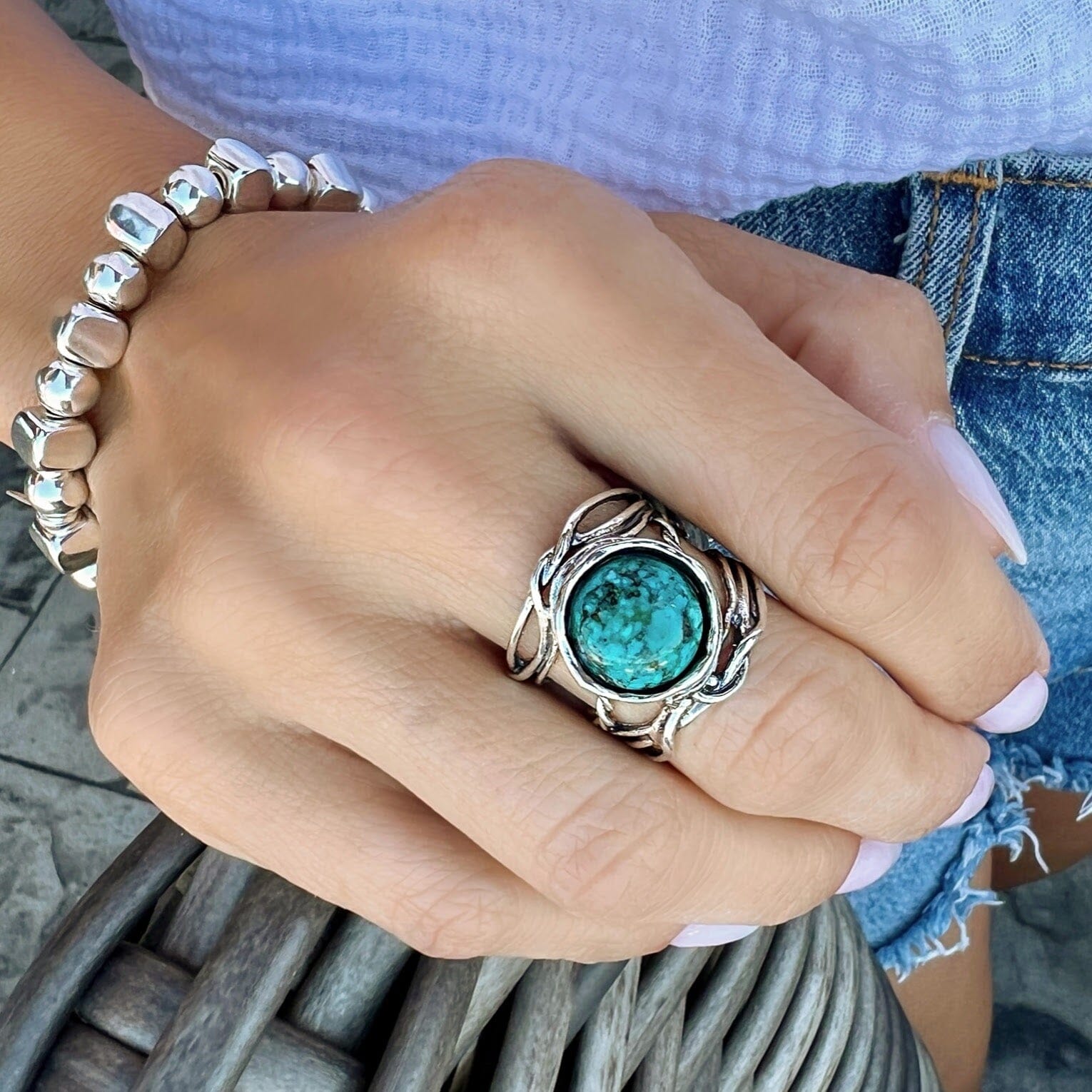 chunky sterling silver ring with turquoise center