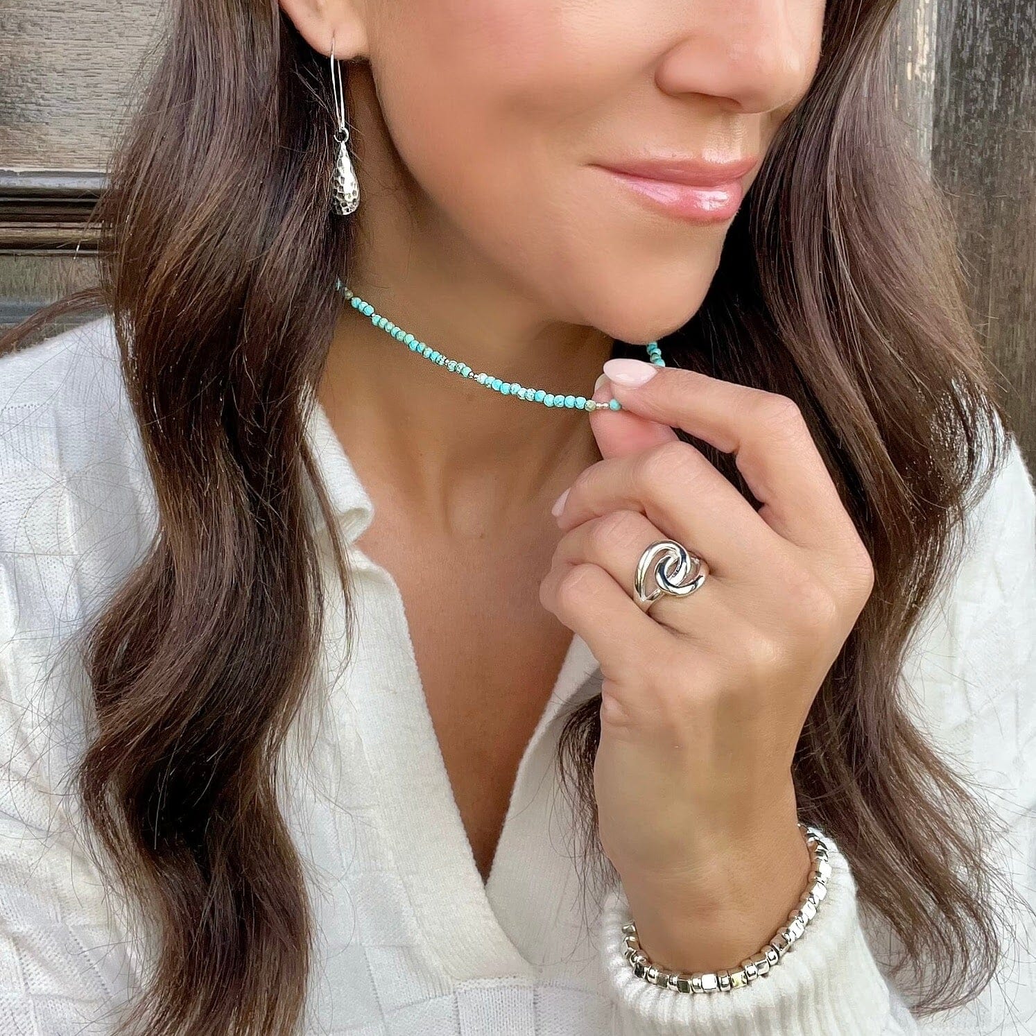 Turquoise Trails Necklace paired with mucho gusto Earrings, Sisters Ring, and Cubes and Beads Bracelet
