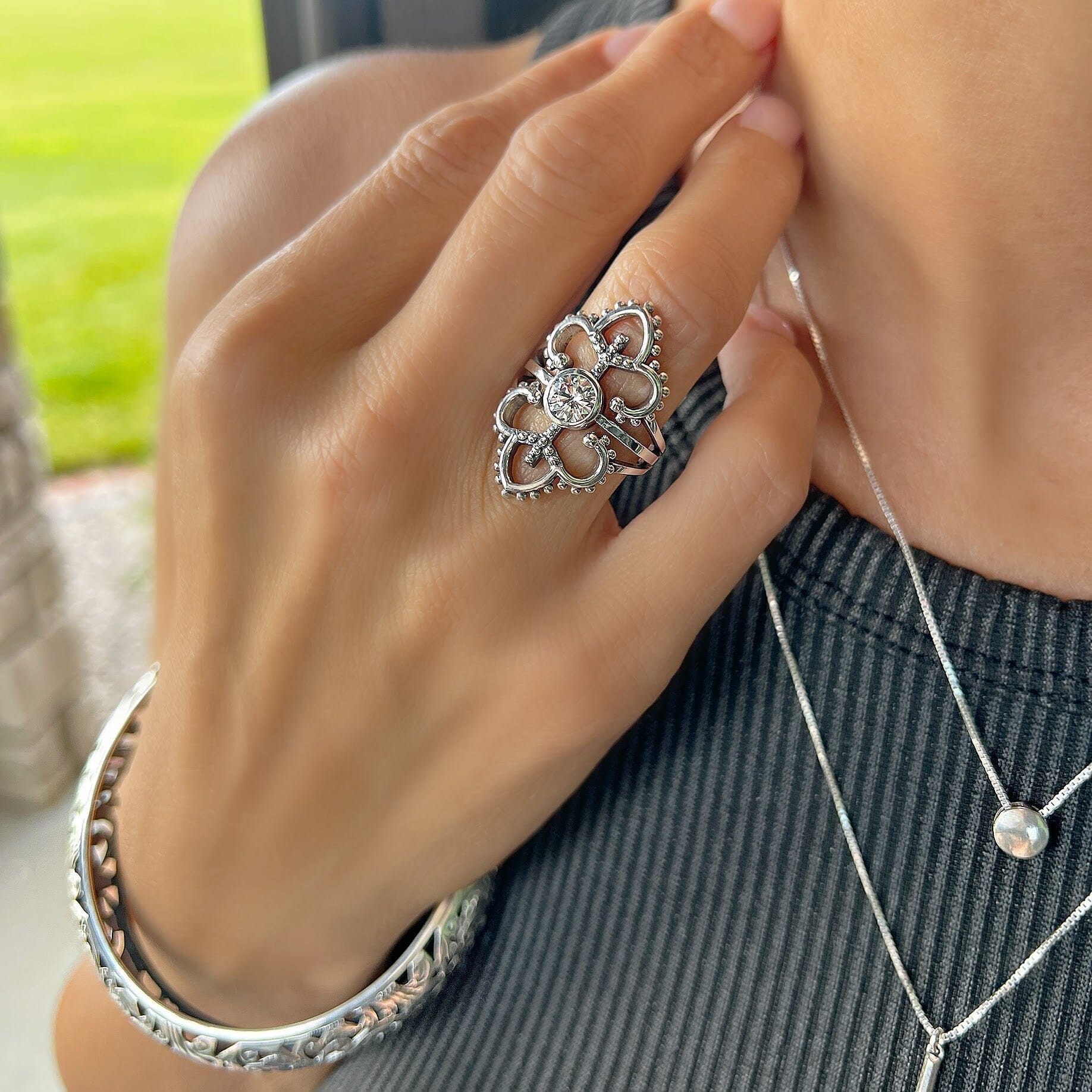 Sterling silver wide ring paired with sterling vineyard bracelet, better together necklace