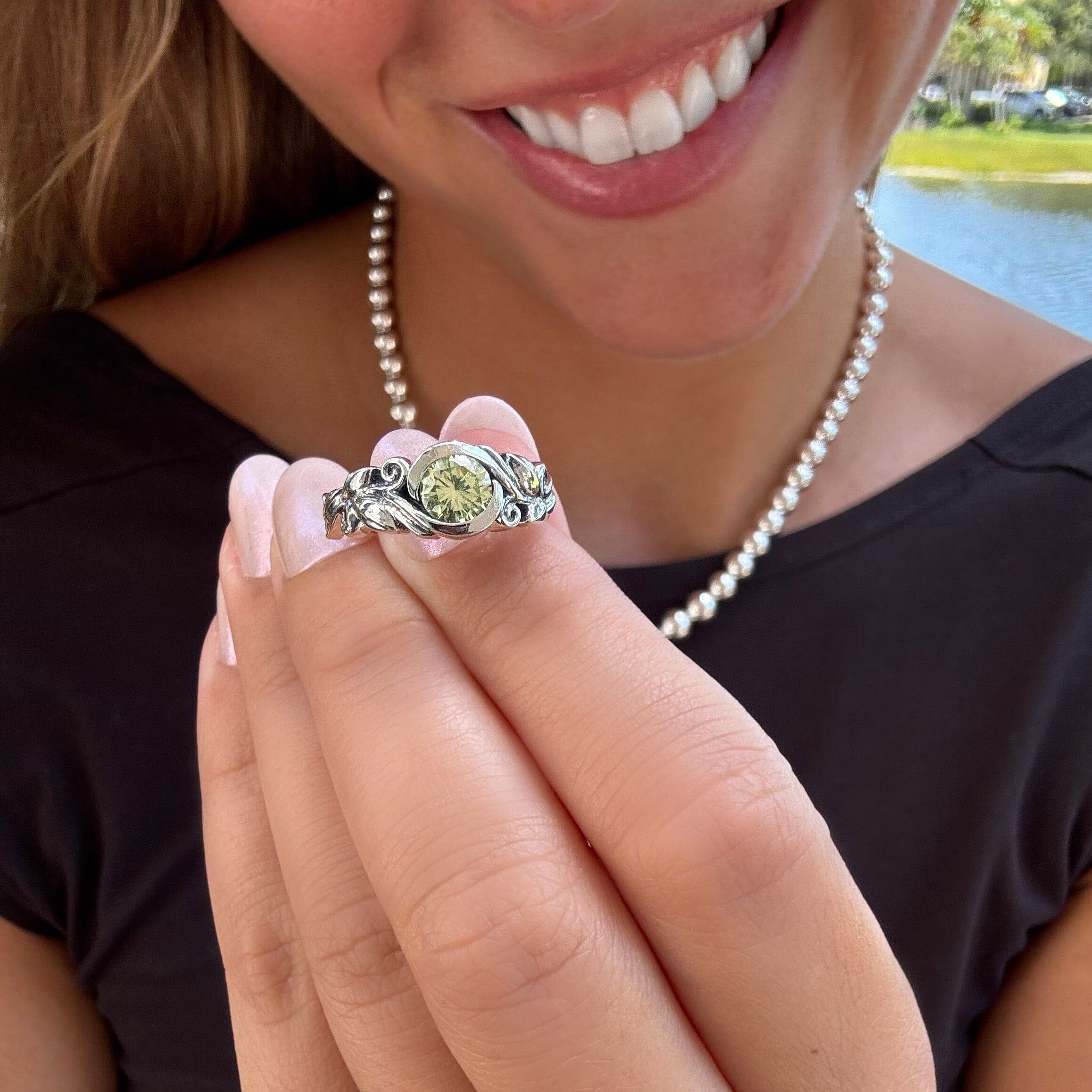 Verde Vine ring paired with classic bead necklace