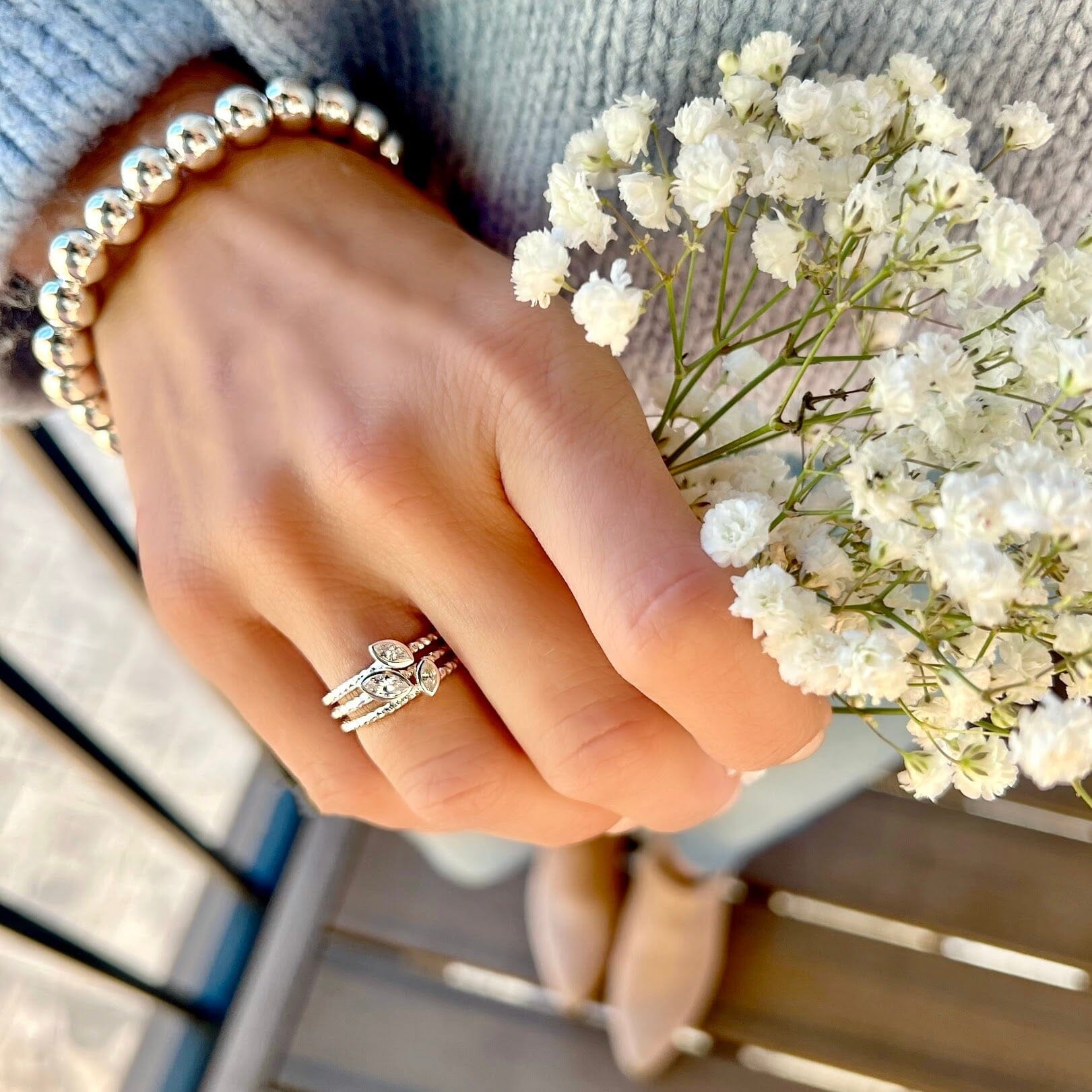 Vine and Shine stack rings paired with Classic Bead Bracelet