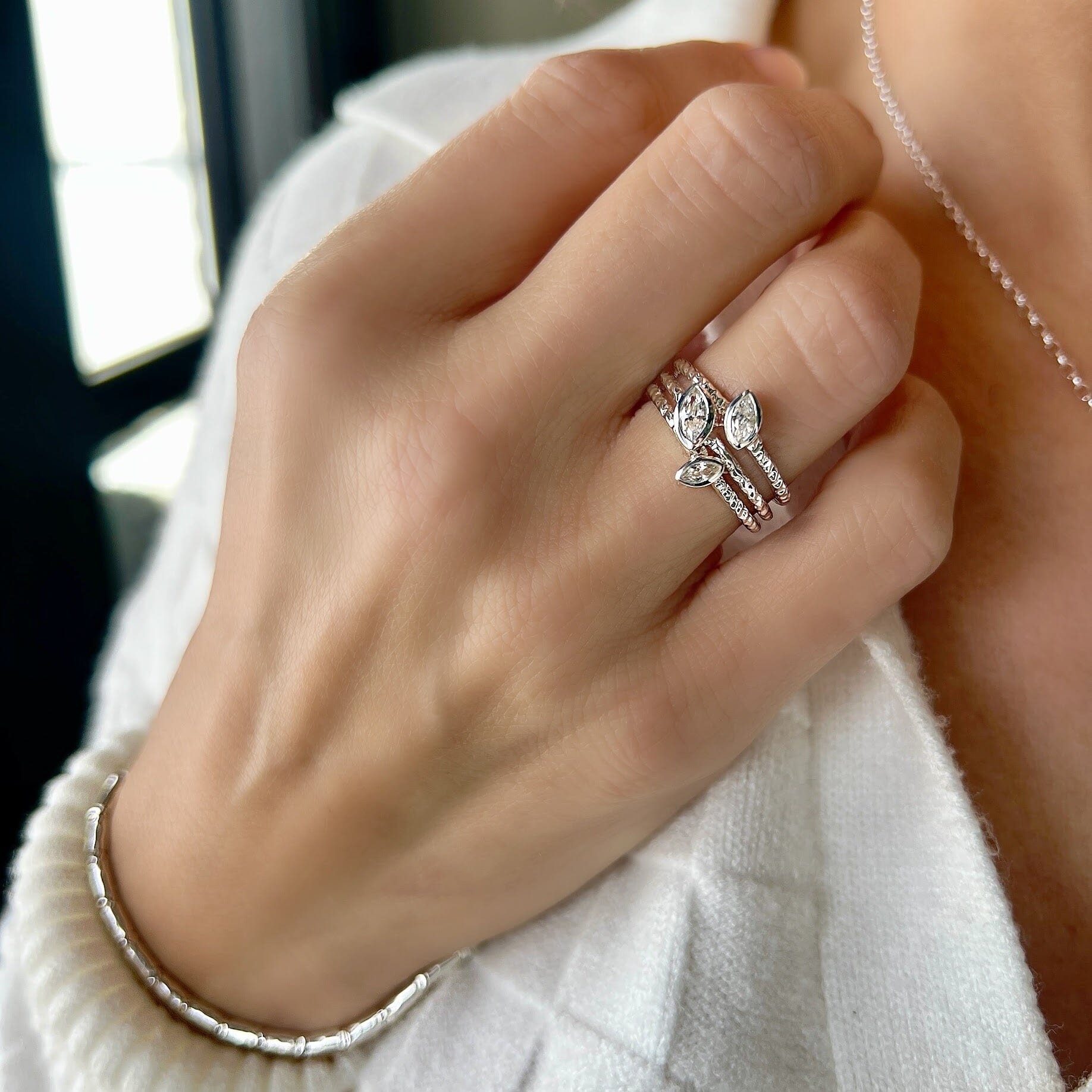 various cz stone stack rings in sterling silver