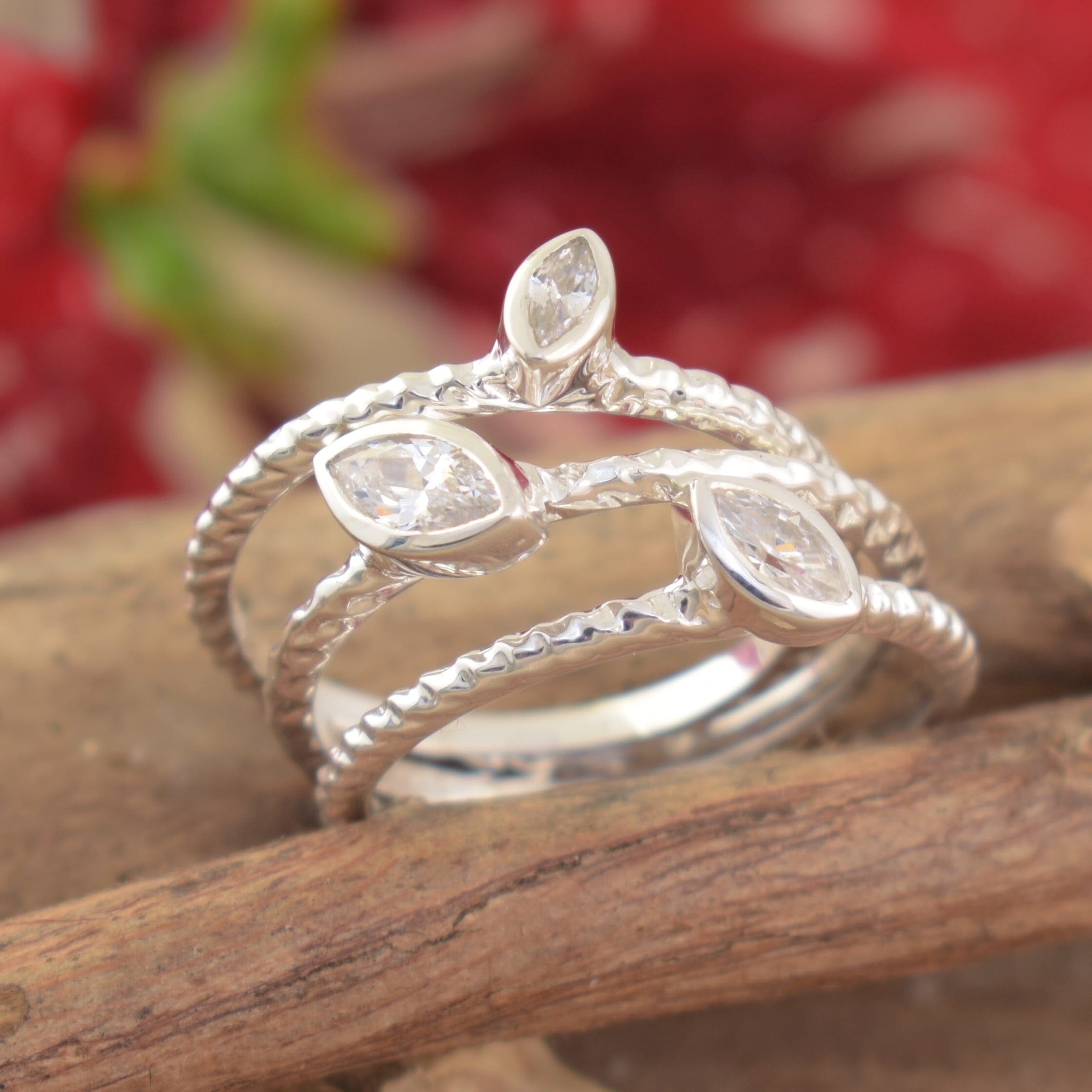 three band stack ring with leaf shaped clear cz stones