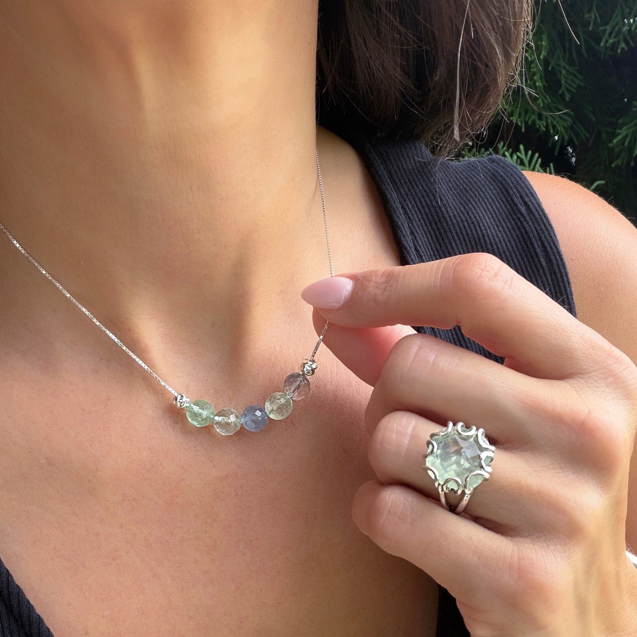 florite gemstone necklace in various greens and blues