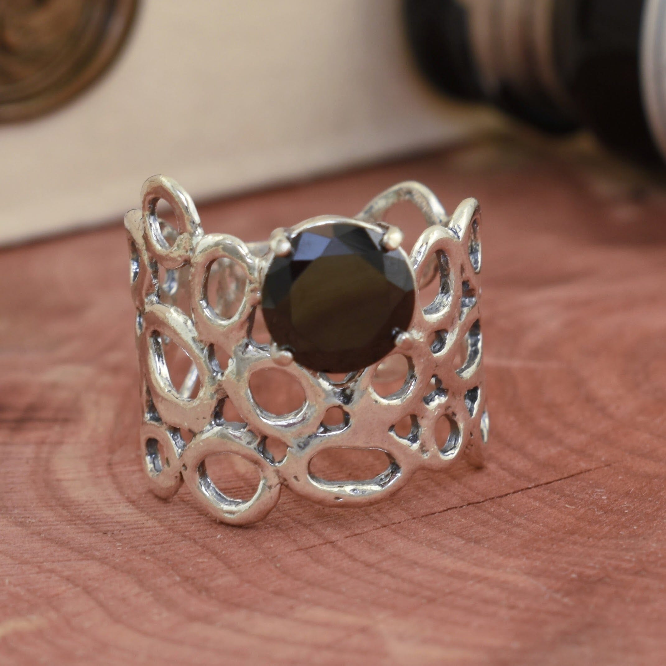 Handcrafted sterling silver ring with round black cubic zirconia stone