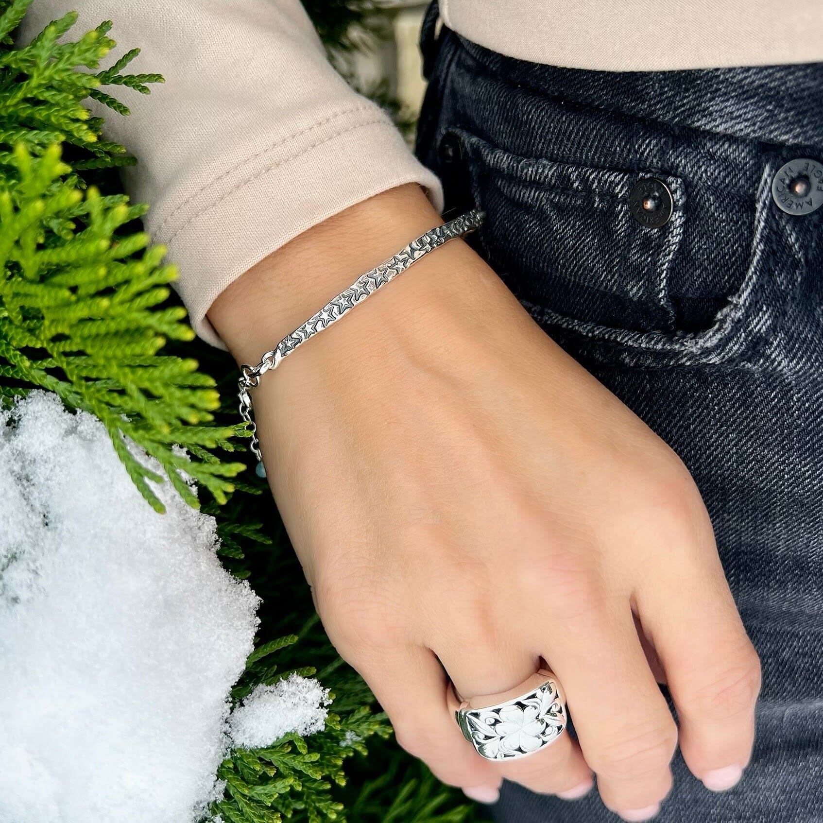 organic hand stamped sterling silver with a dangle jade stone