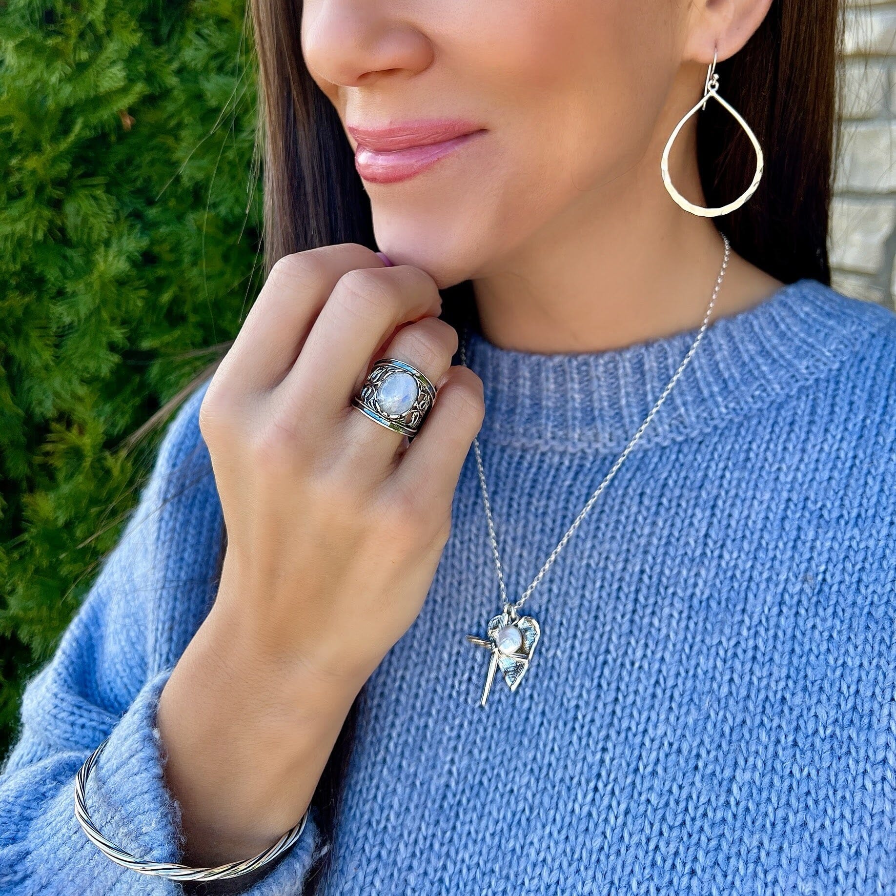 Wanderer Ring paired with Prima Donna Earrings, Fearless necklace, and Kickin' Dust Bangle