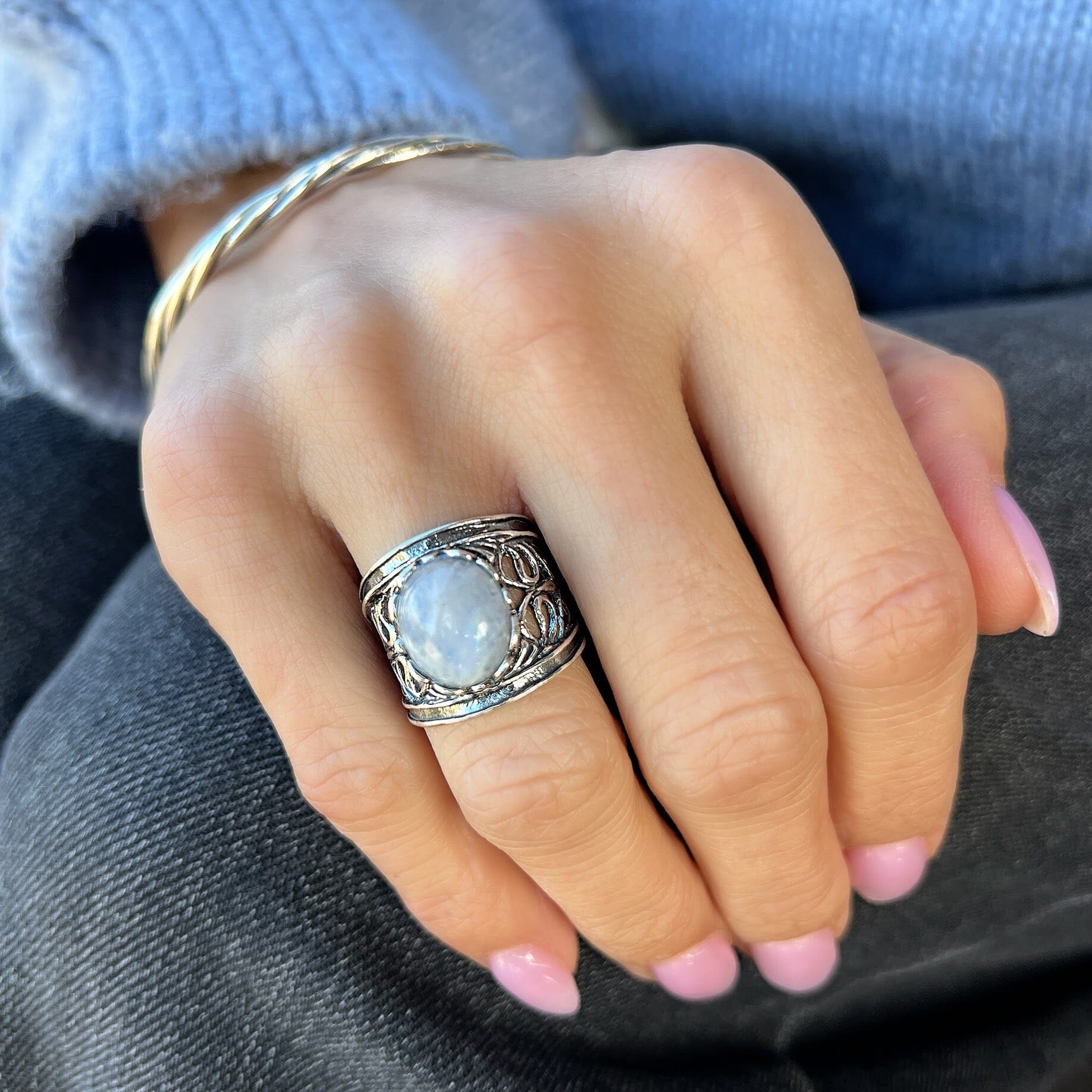 chunky rainbow moonstone ring in sterling silver