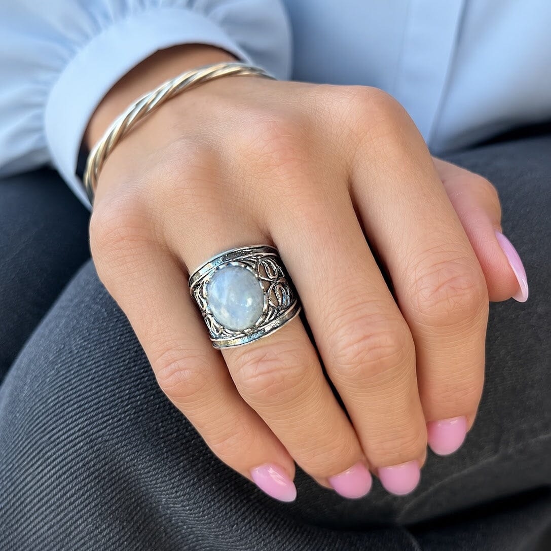 chunky rainbow moonstone ring in sterling silver