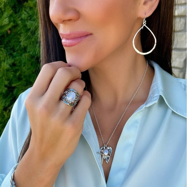 Wanderer Ring paired with Prima Donna Earrings, Fearless necklace, and Kickin' Dust Bangle