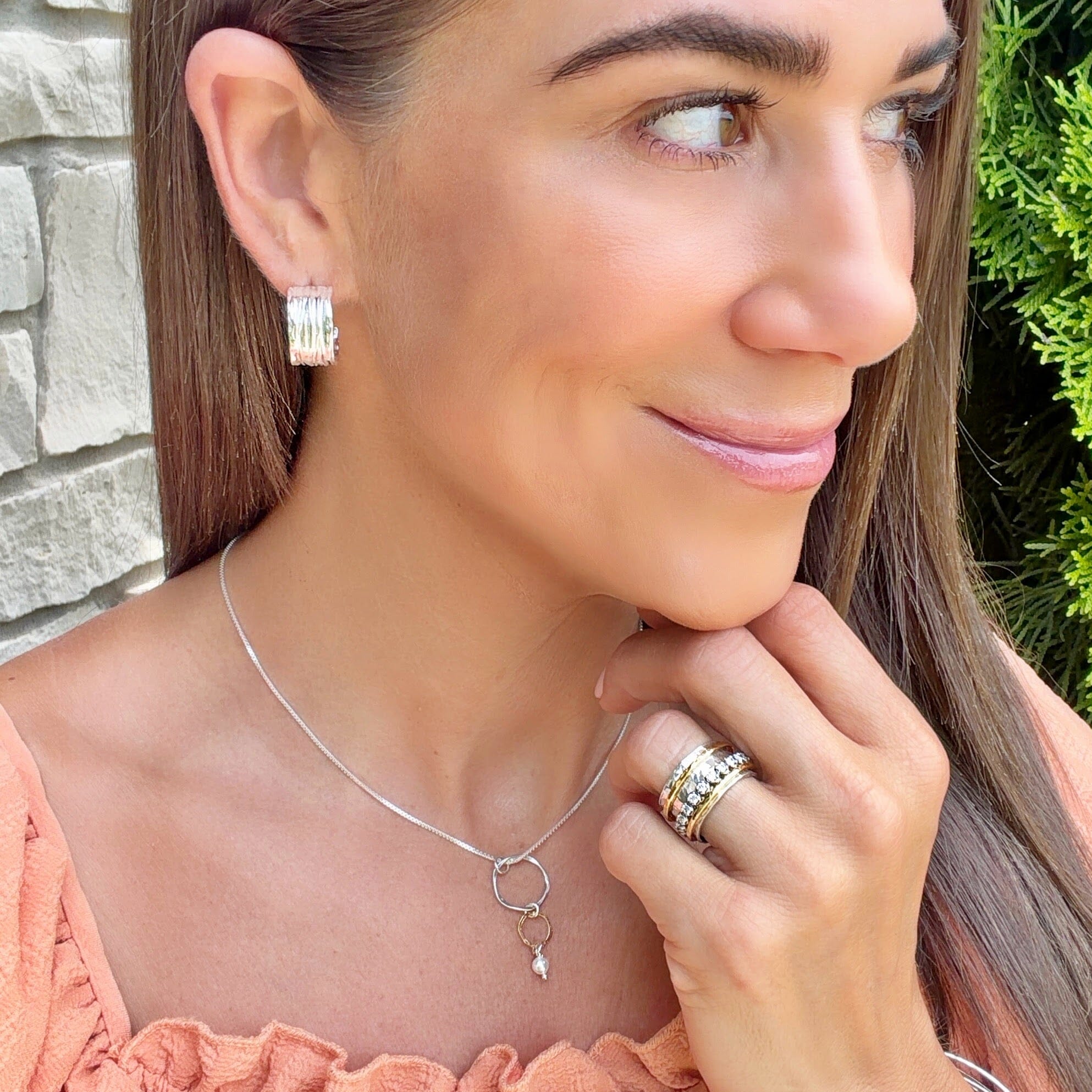 silver open hoop earrings with ridge design