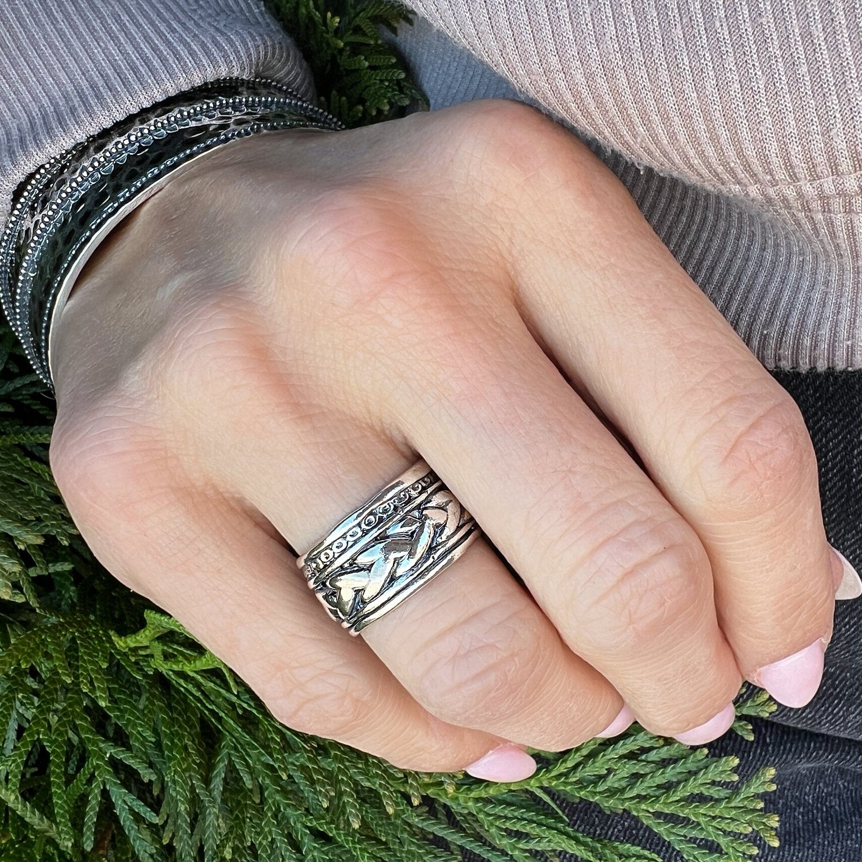 wide silver Weavers Ring with a weave like design