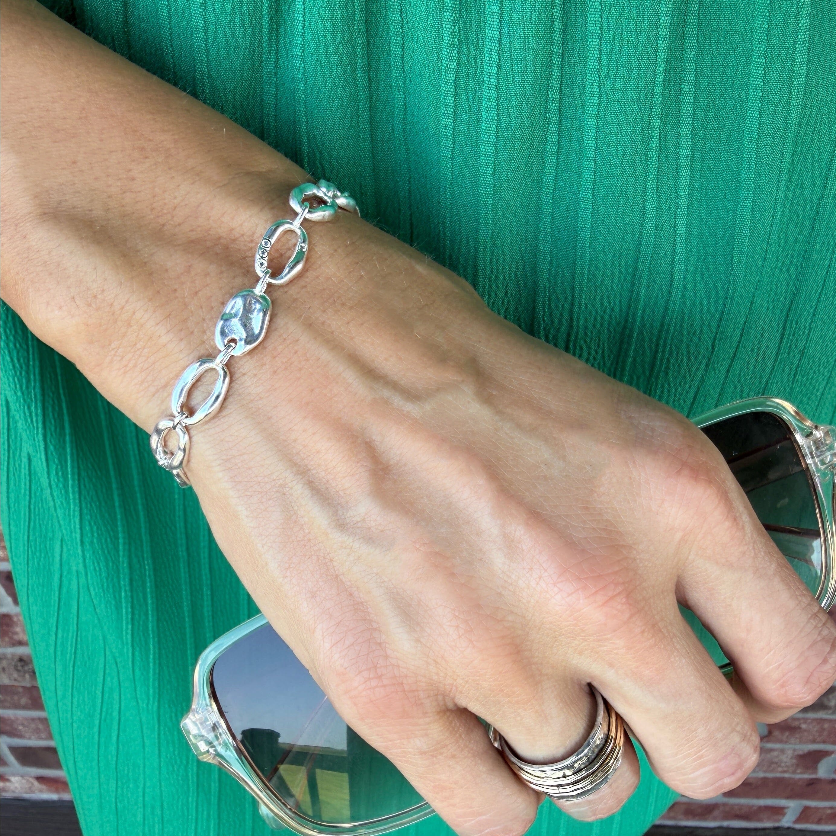 hammered oval link bracelet in silver brass