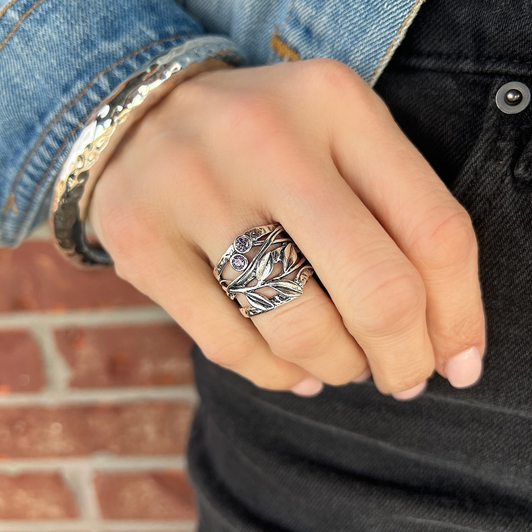 sterling silver ring wide band with vine details and two amethyst cz stones