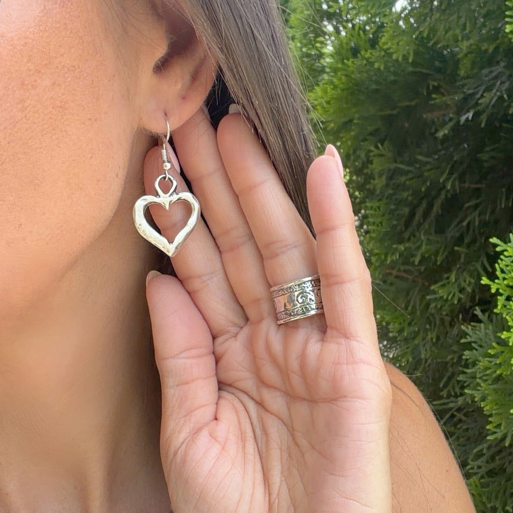 silver plated heart dangling earrings