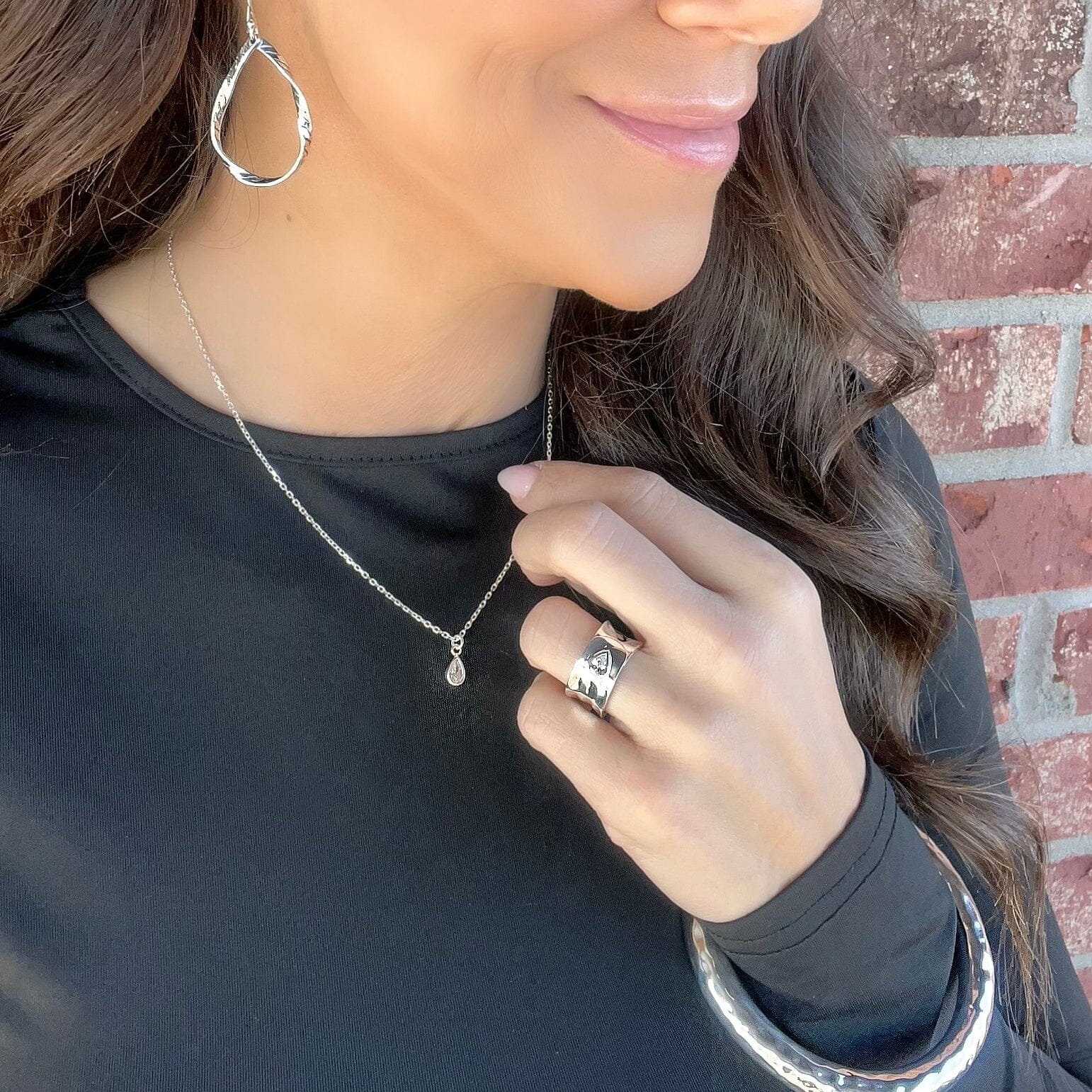 Wrap It Up Ring paired with Hammered Bliss Bangle, Beautifully Broken Necklace, and Prima Donna Earrings