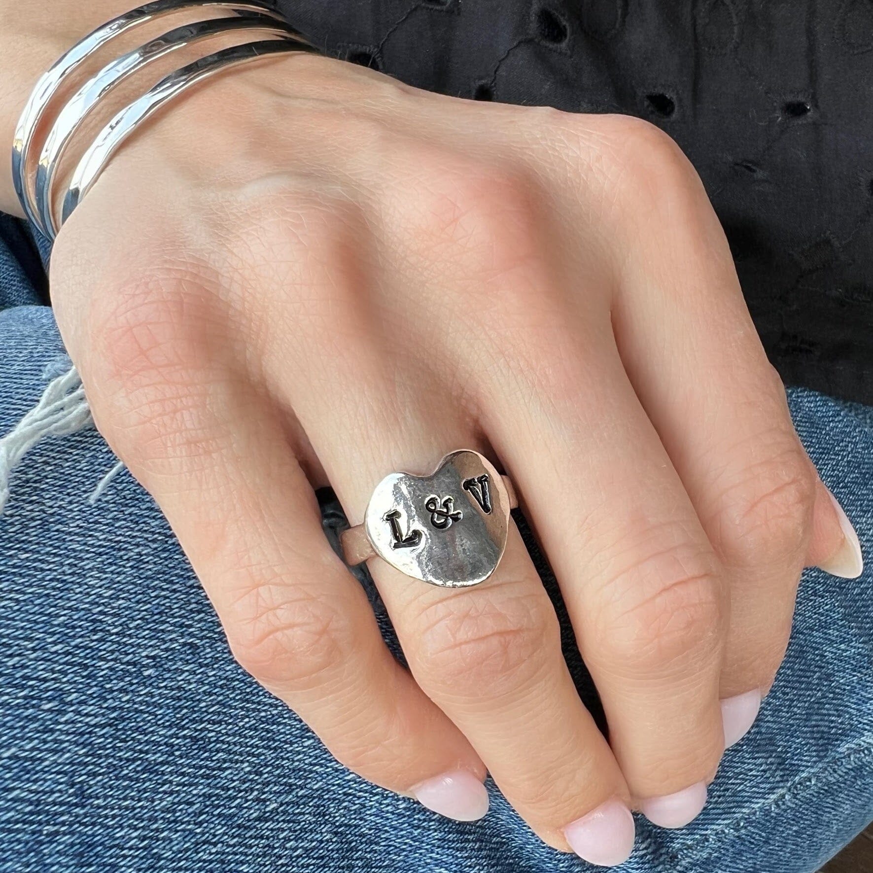 silver ring hand stamped with initials