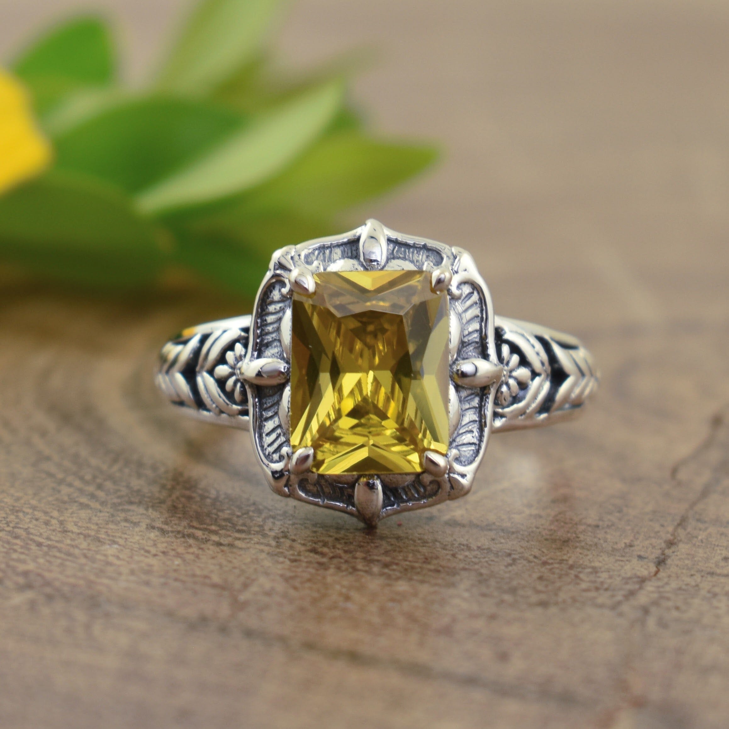 Antiqued sterling silver ring with rectangular stone