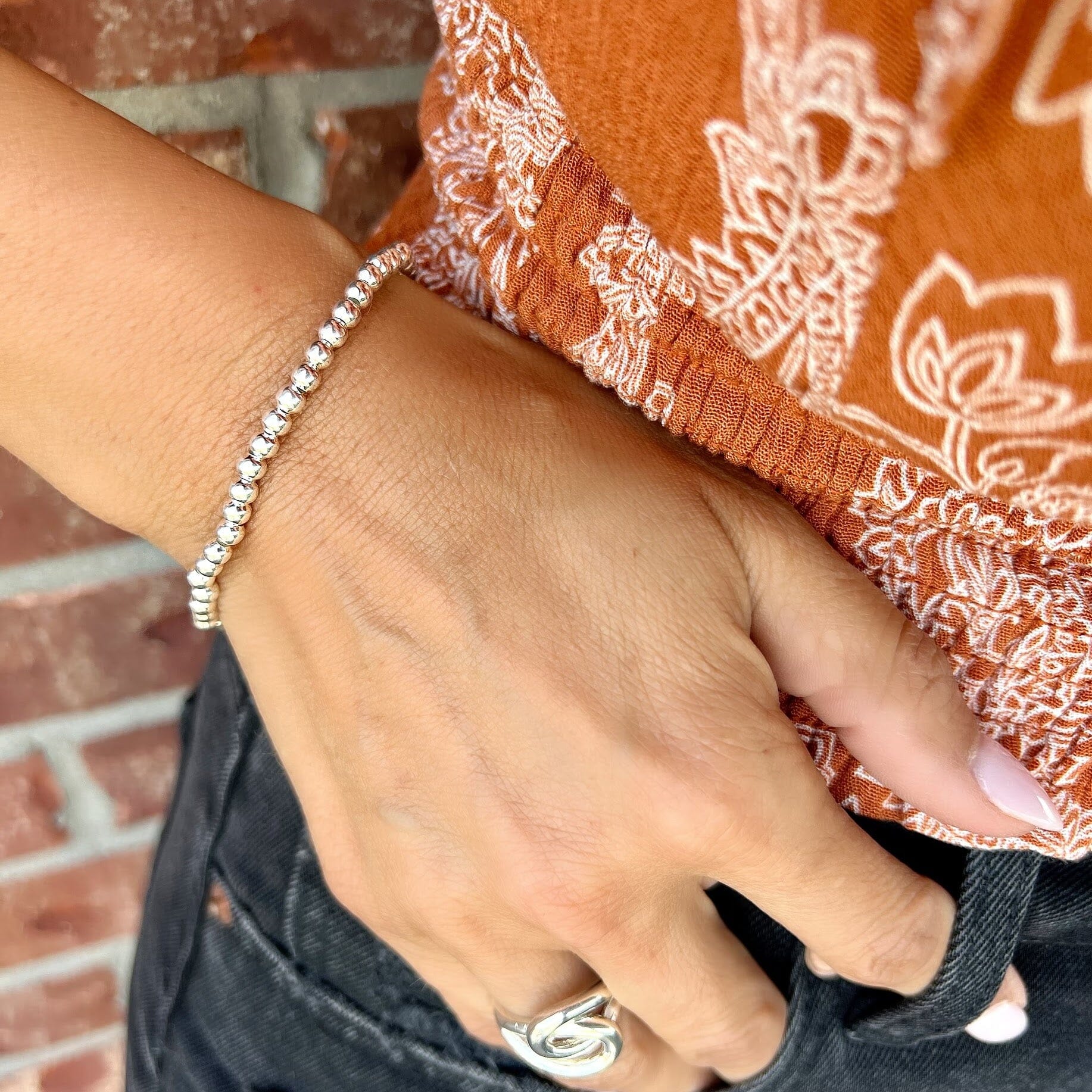 4mm Beaded Stack Bracelet featured with Sisters ring