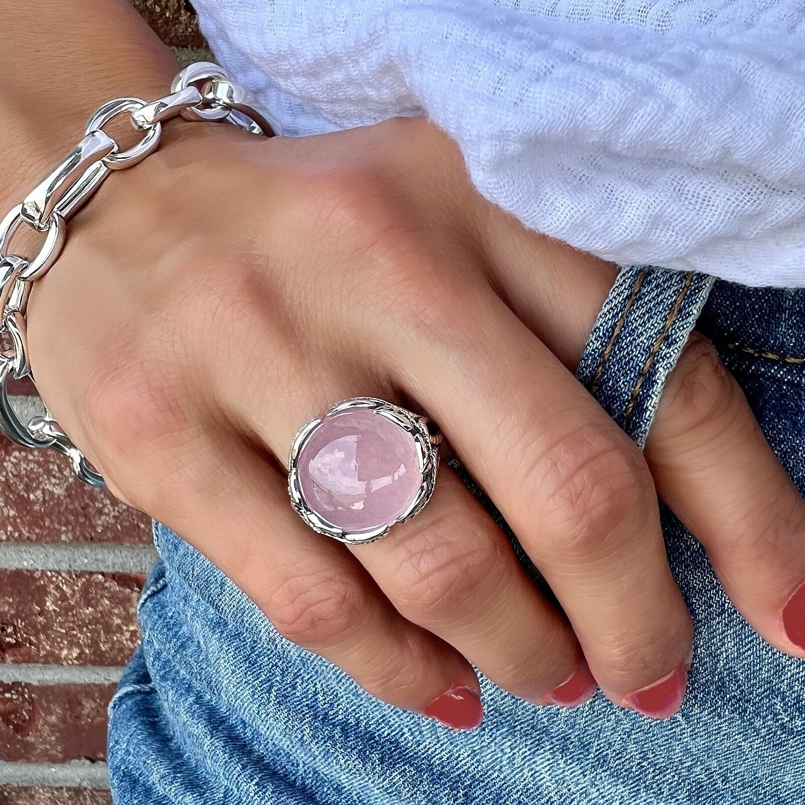 chunky pink quartz ring in sterling silver