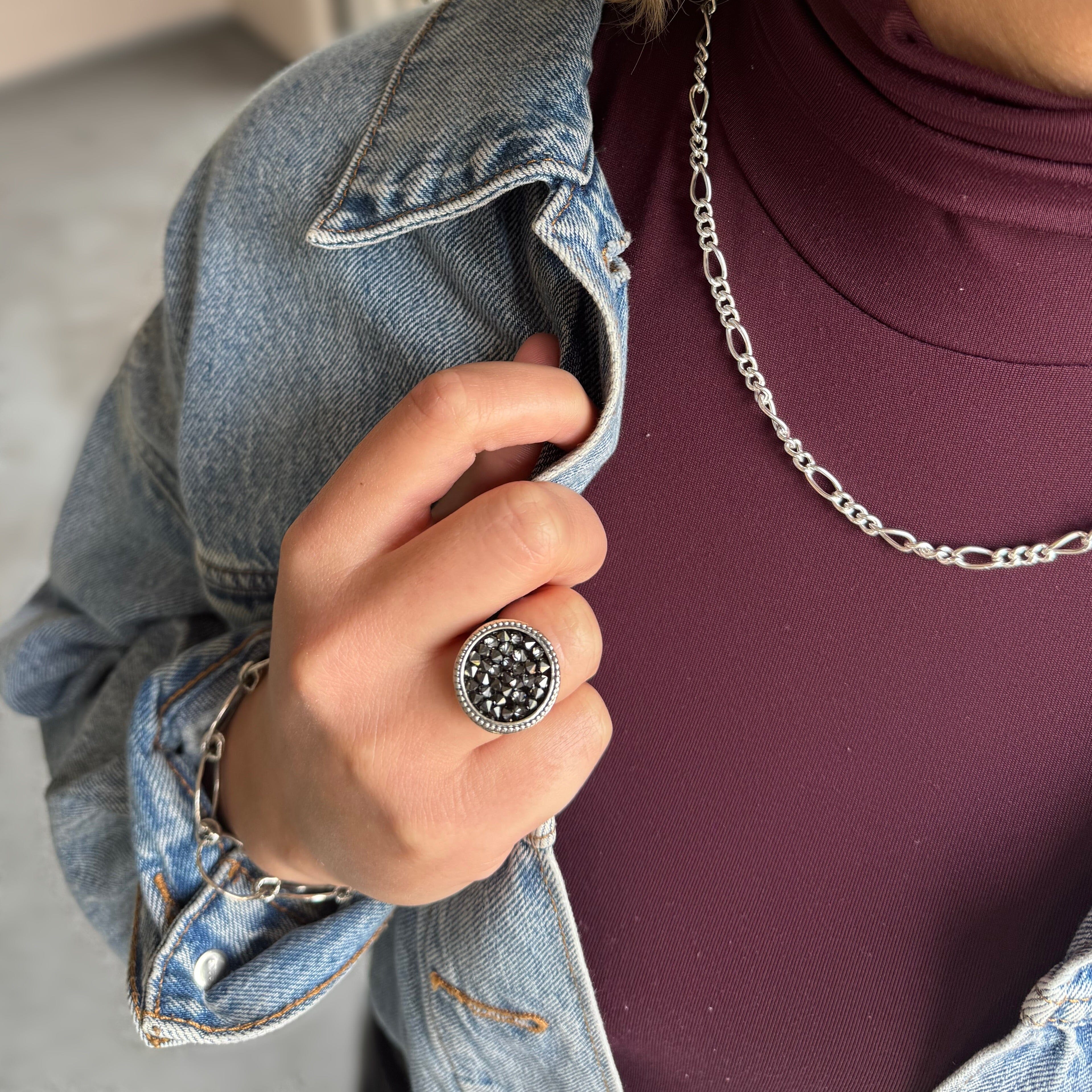 sterling silver ring featuring a black Austrian crystals center paired with the fab figaro necklace and turnabout bracelet