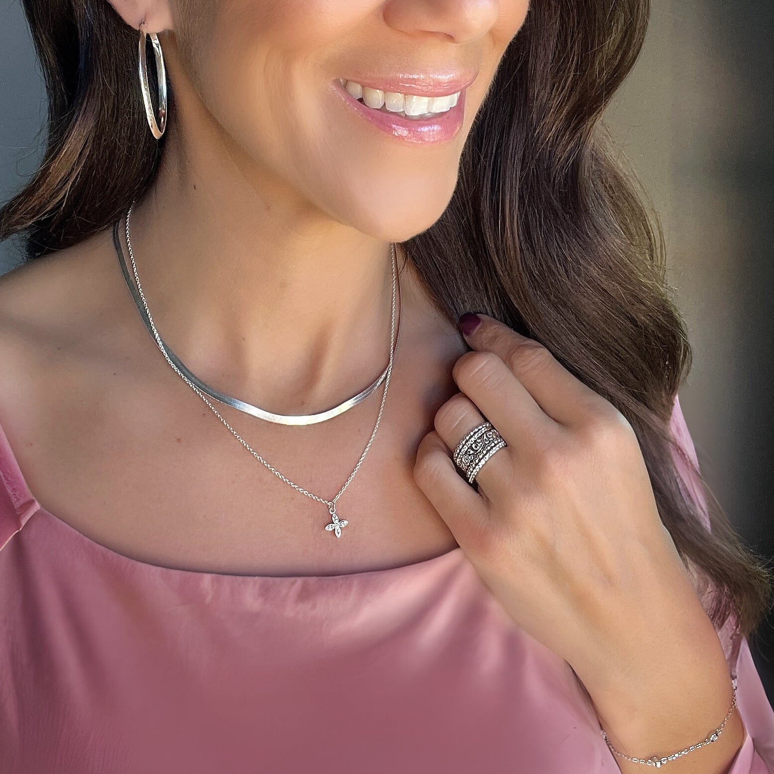 Cutie Patootie Necklace layered with Herringbone Chain and other sterling silver jewelry