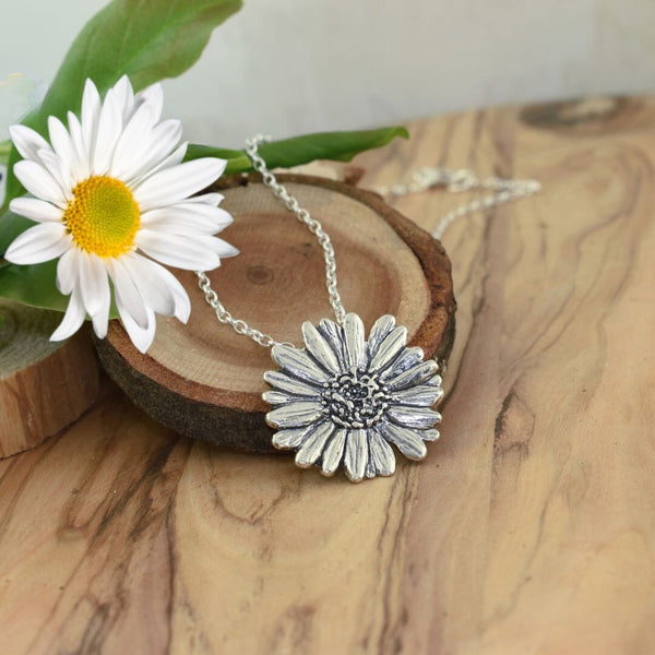 Half newest Daisy Flower pendant in Sterling Silver, Floral jewelry, every day wardrobe, easy to wear