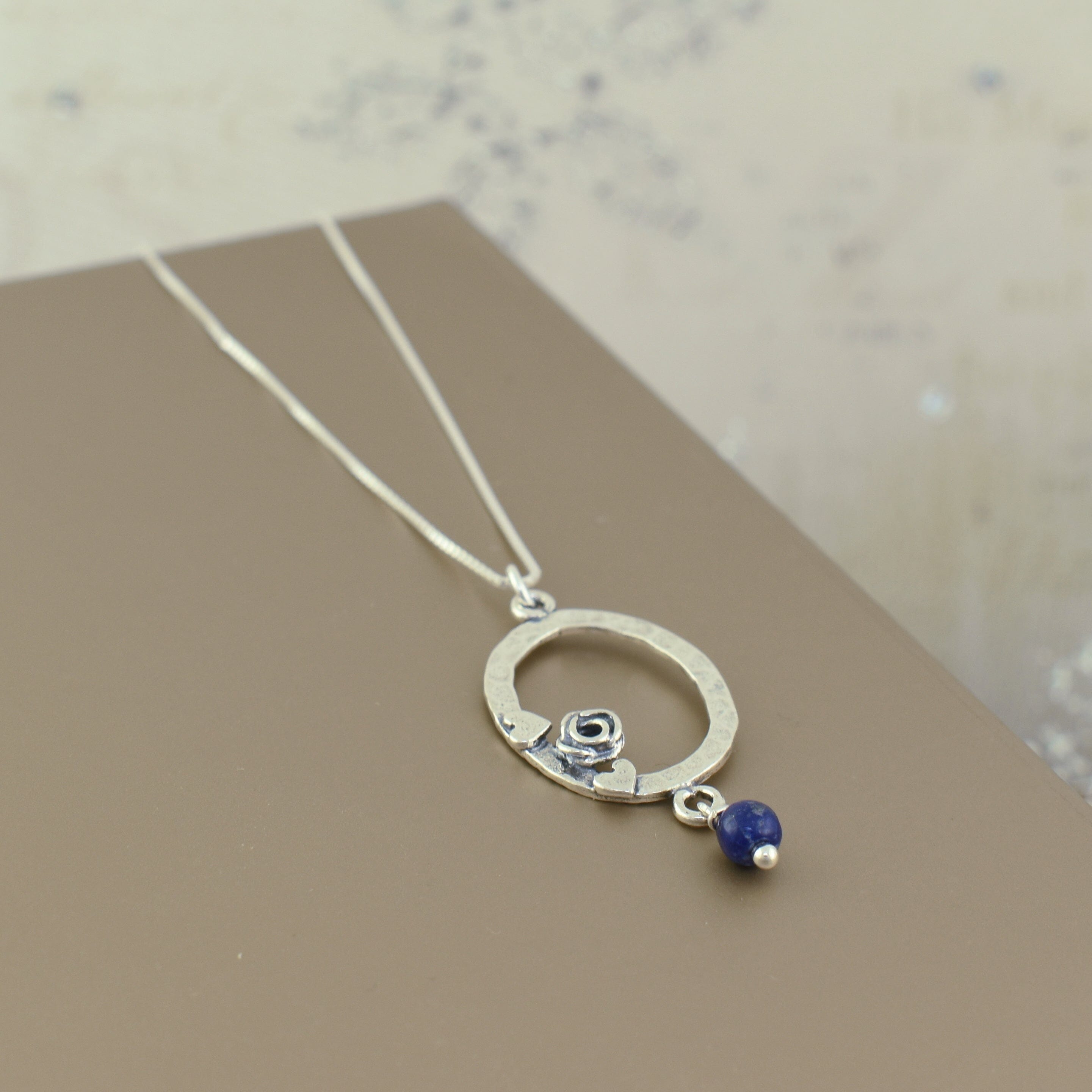 .925 sterling silver and lapis necklace with rose and heart accents