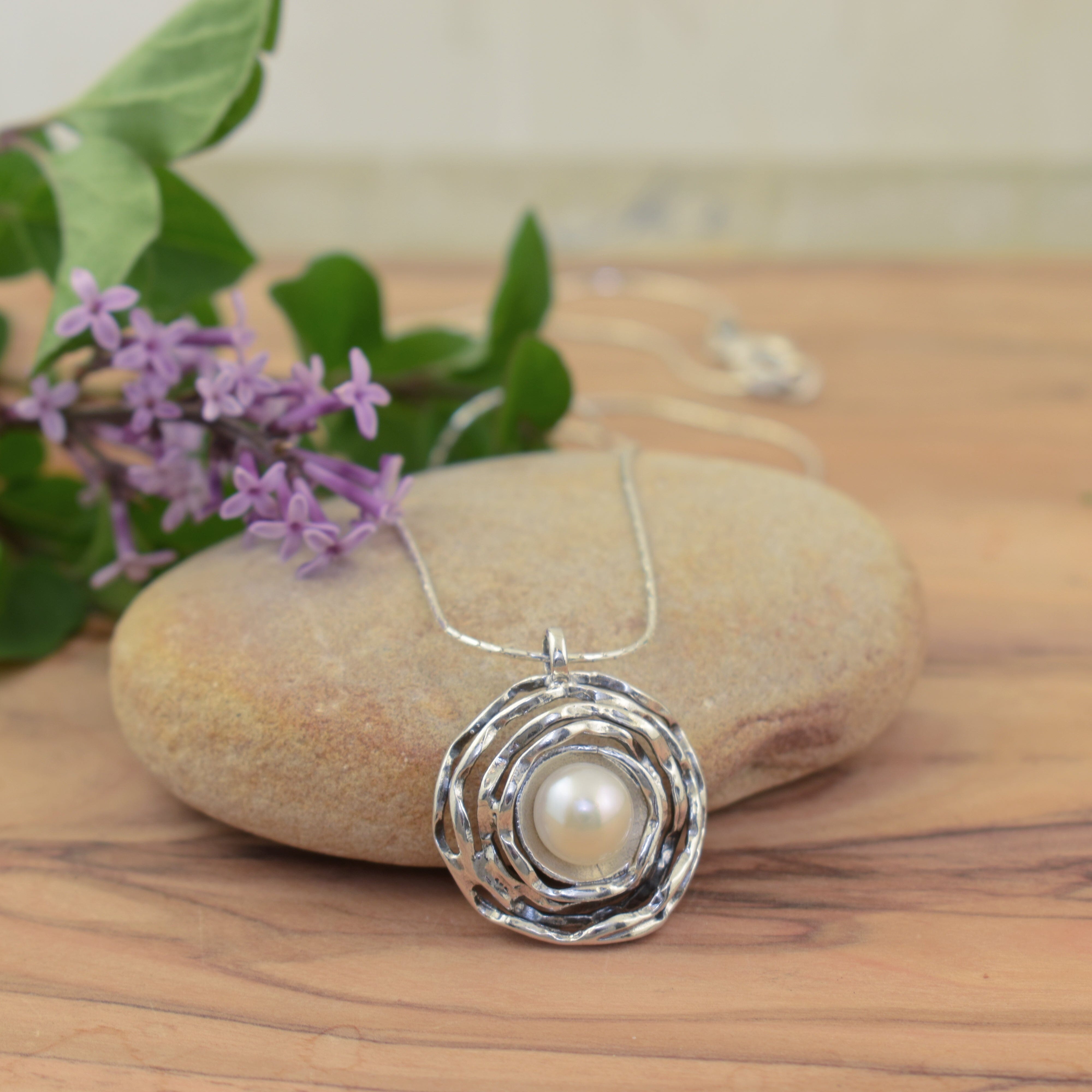 Organic wavy sterling silver necklace with white pearl