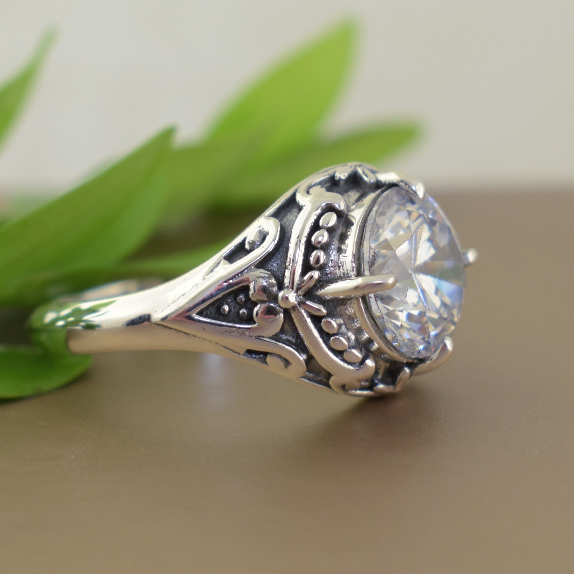 Old-world style sterling silver and cz ring