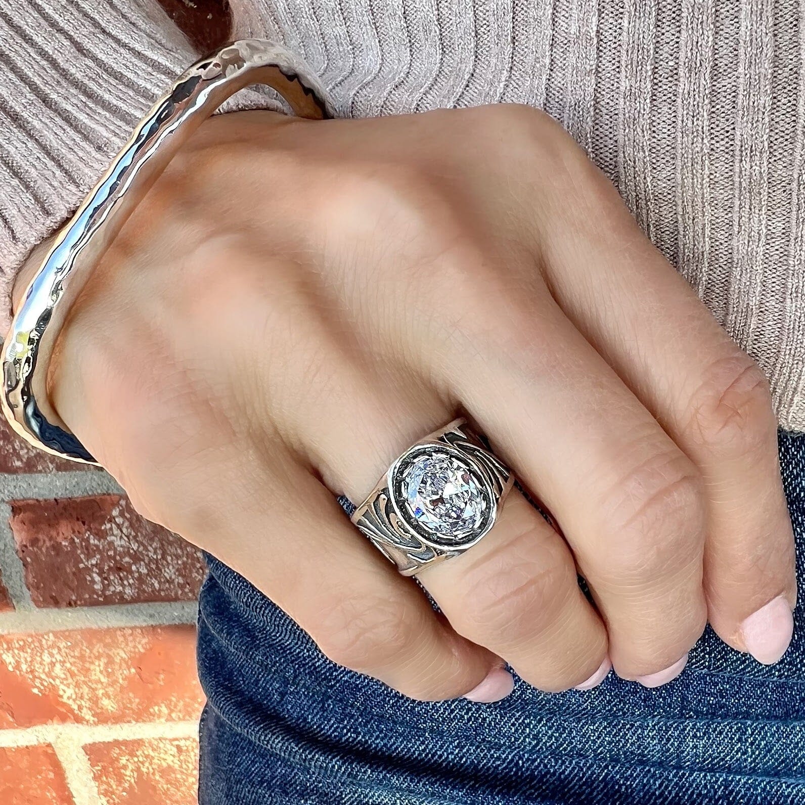 chunky oval cz ring with an antique finish