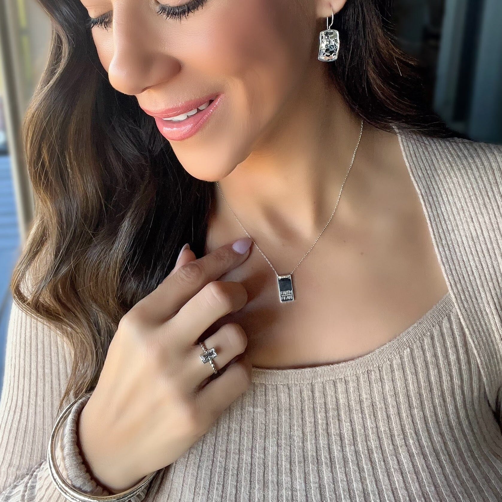 Faith Over Fear Necklace paired with Day by Day Earrings, Emerald Cut Ring, and My Go-To Bangles