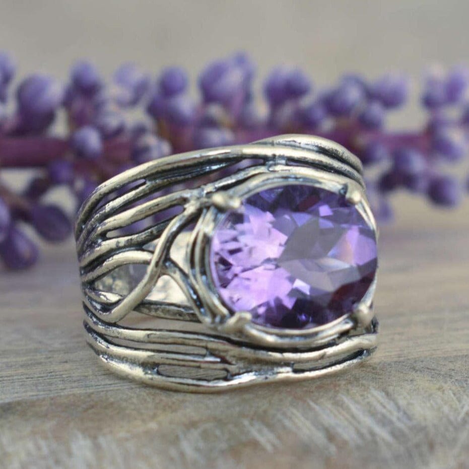 Handcrafted .925 sterling sliver ring with large purple amethyst stone