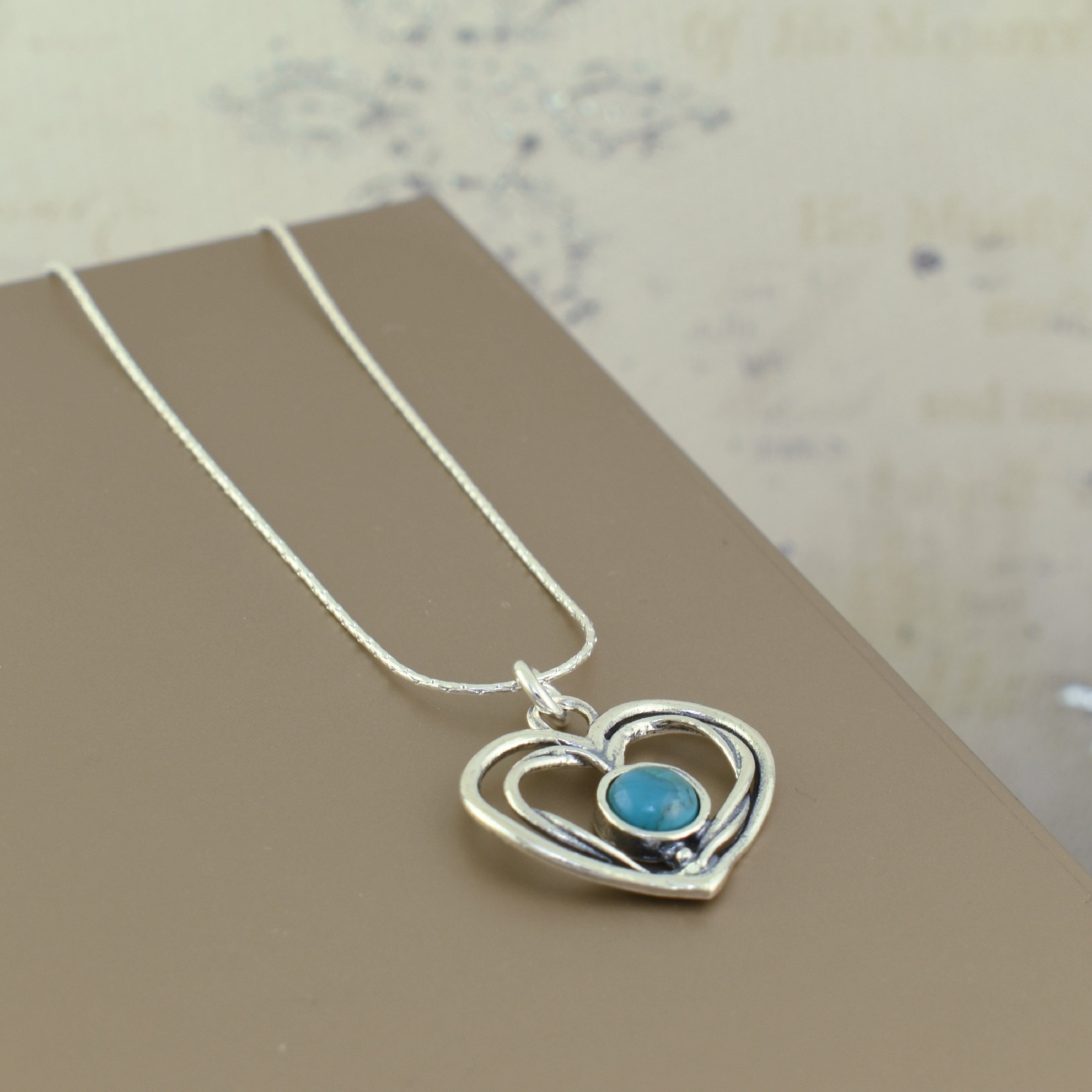 .925 sterling silver heart necklace with turquoise stone