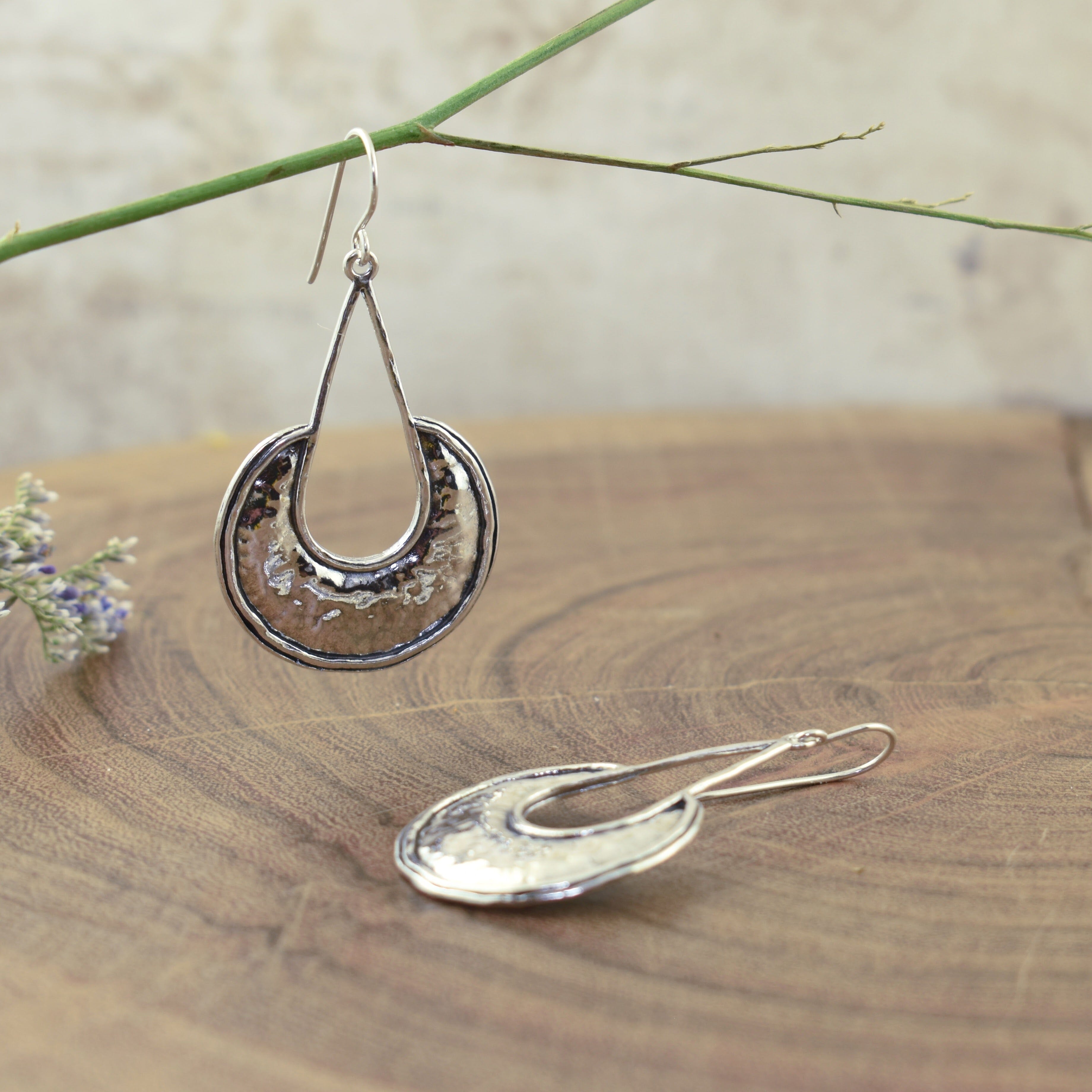 dangling hook earrings with a hammered finish