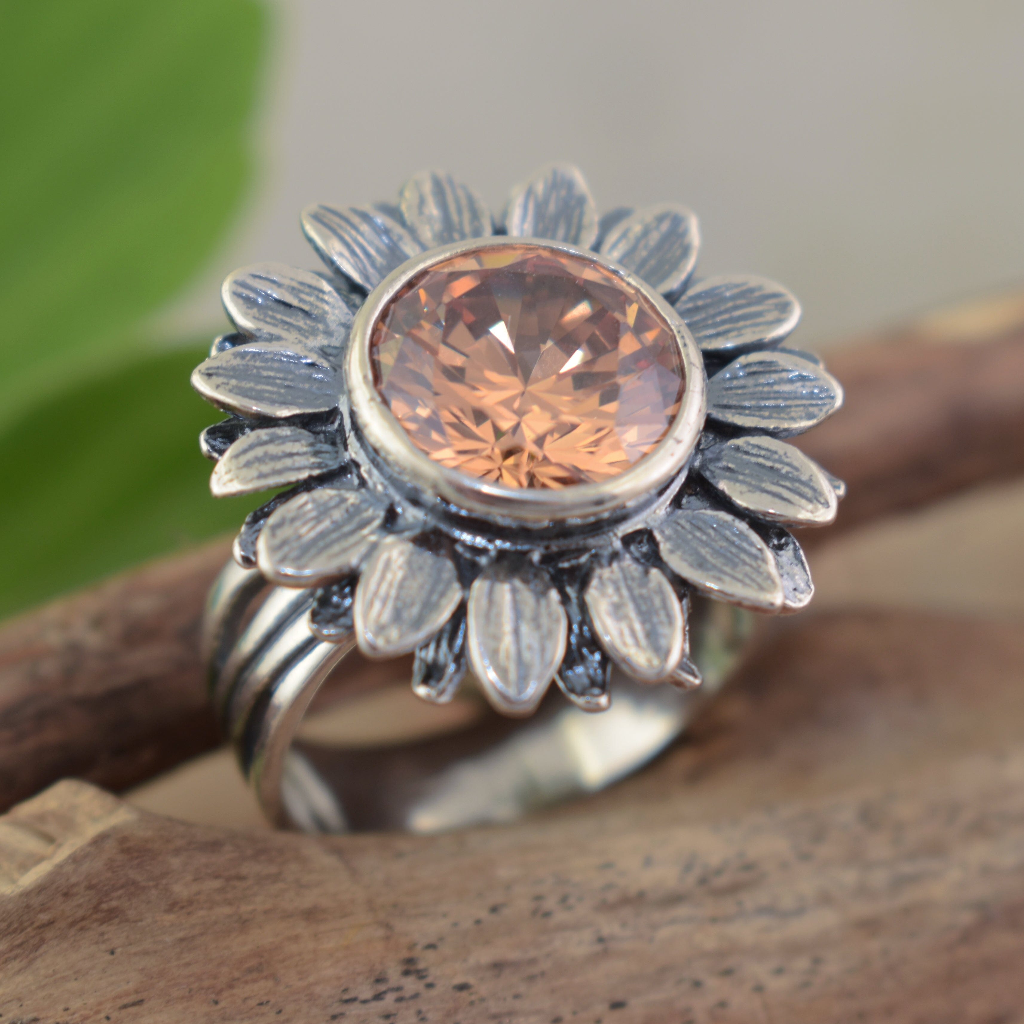 Antiqued/oxidized sterling silver sunflower ring