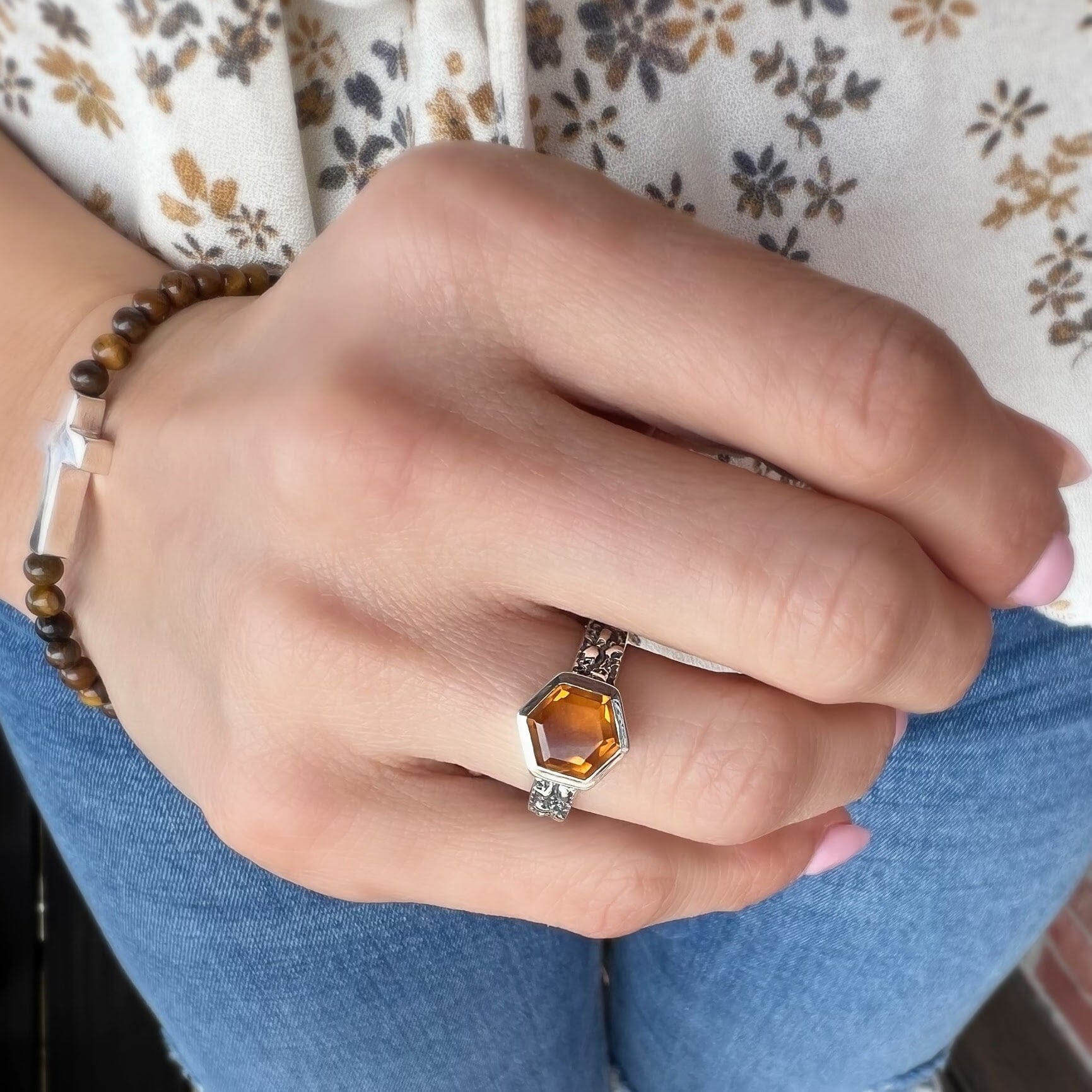 Honeysuckle Breeze ring paired with Beaded Cross Bracelet in tiger's eye