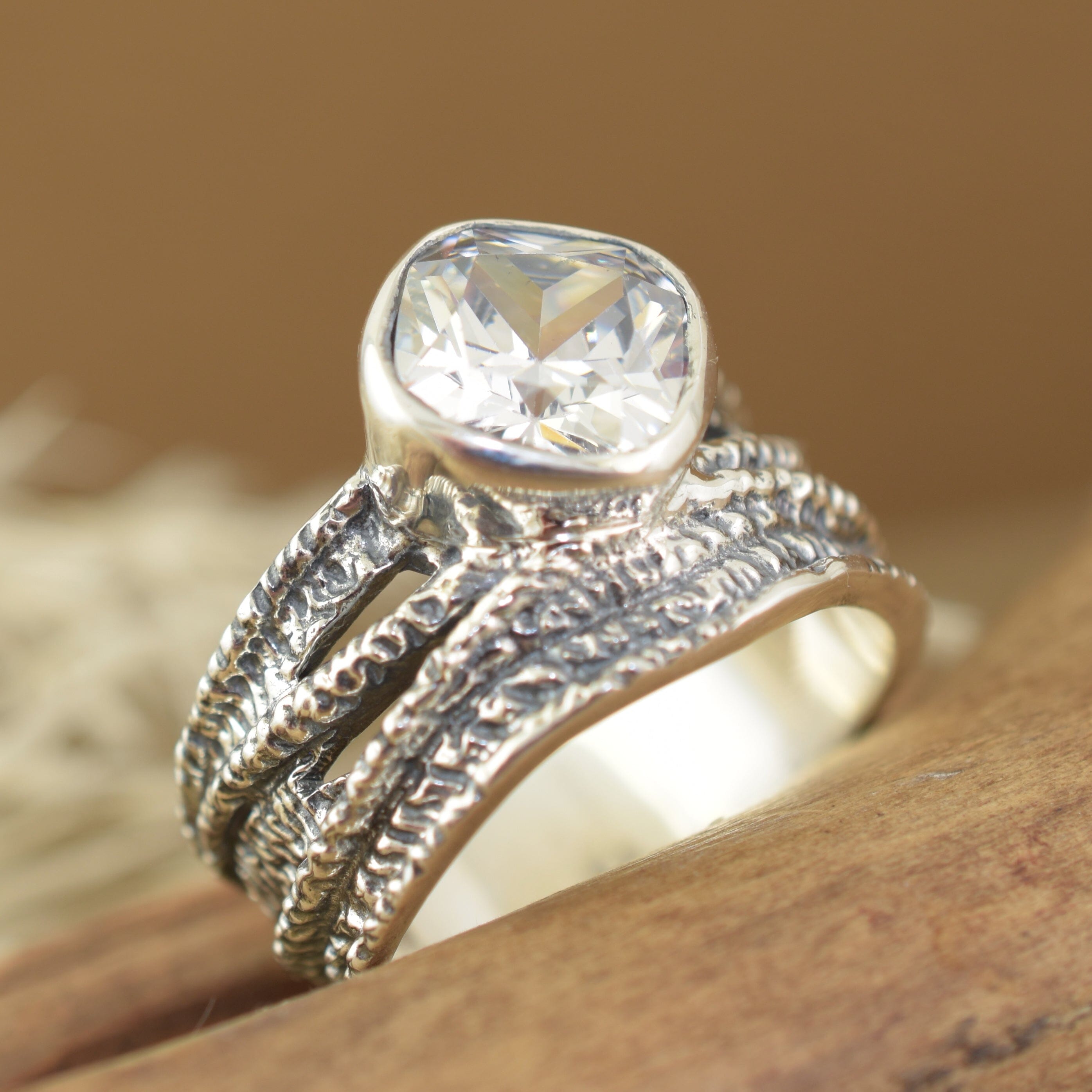 Handcrafted .925 sterling silver texturized ring with large clear cubic zirconia stone