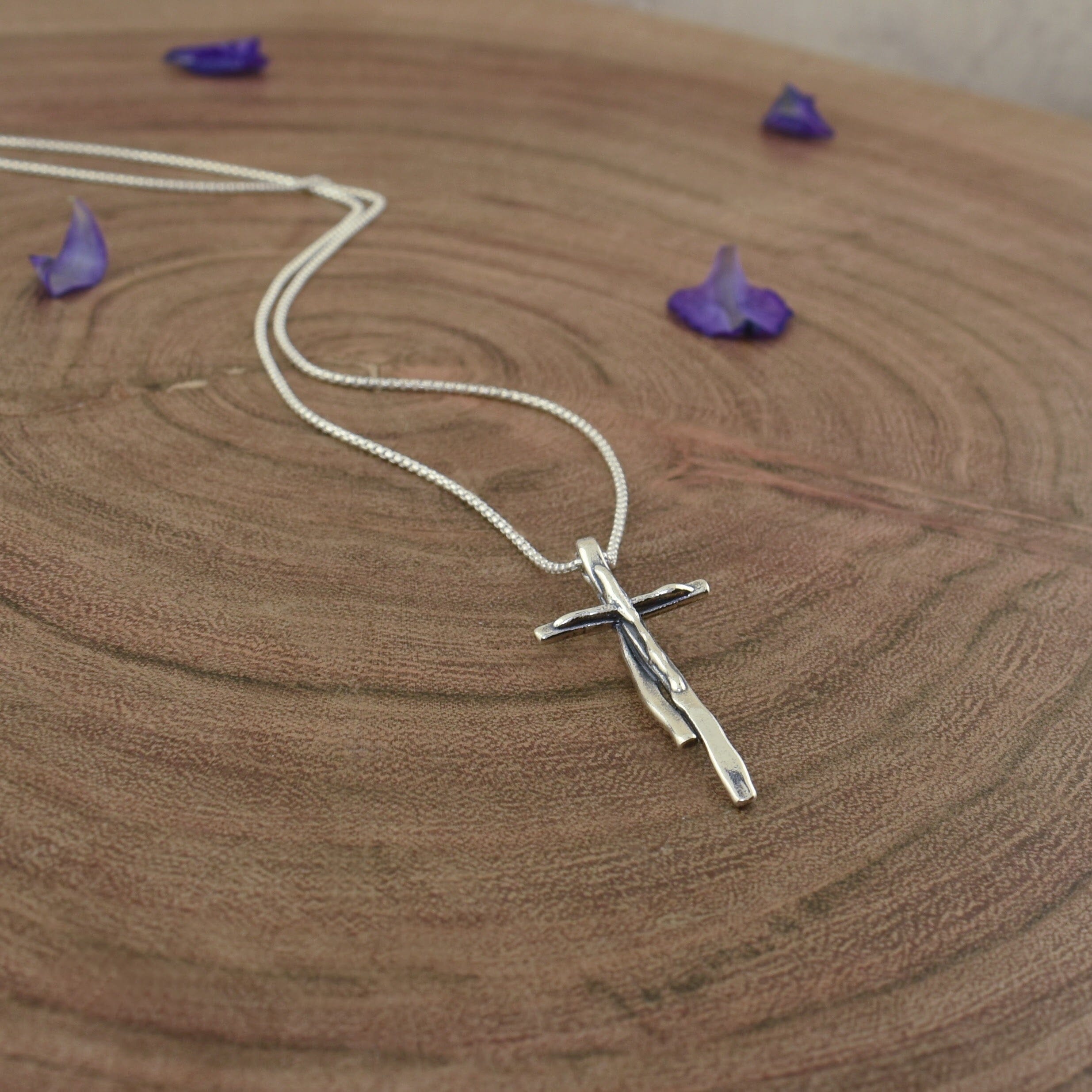 organic Christian cross necklace in sterling silver