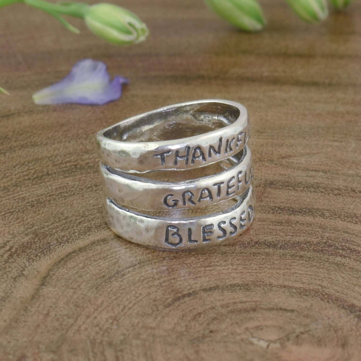 sterling silver chunky ring with three engraved words