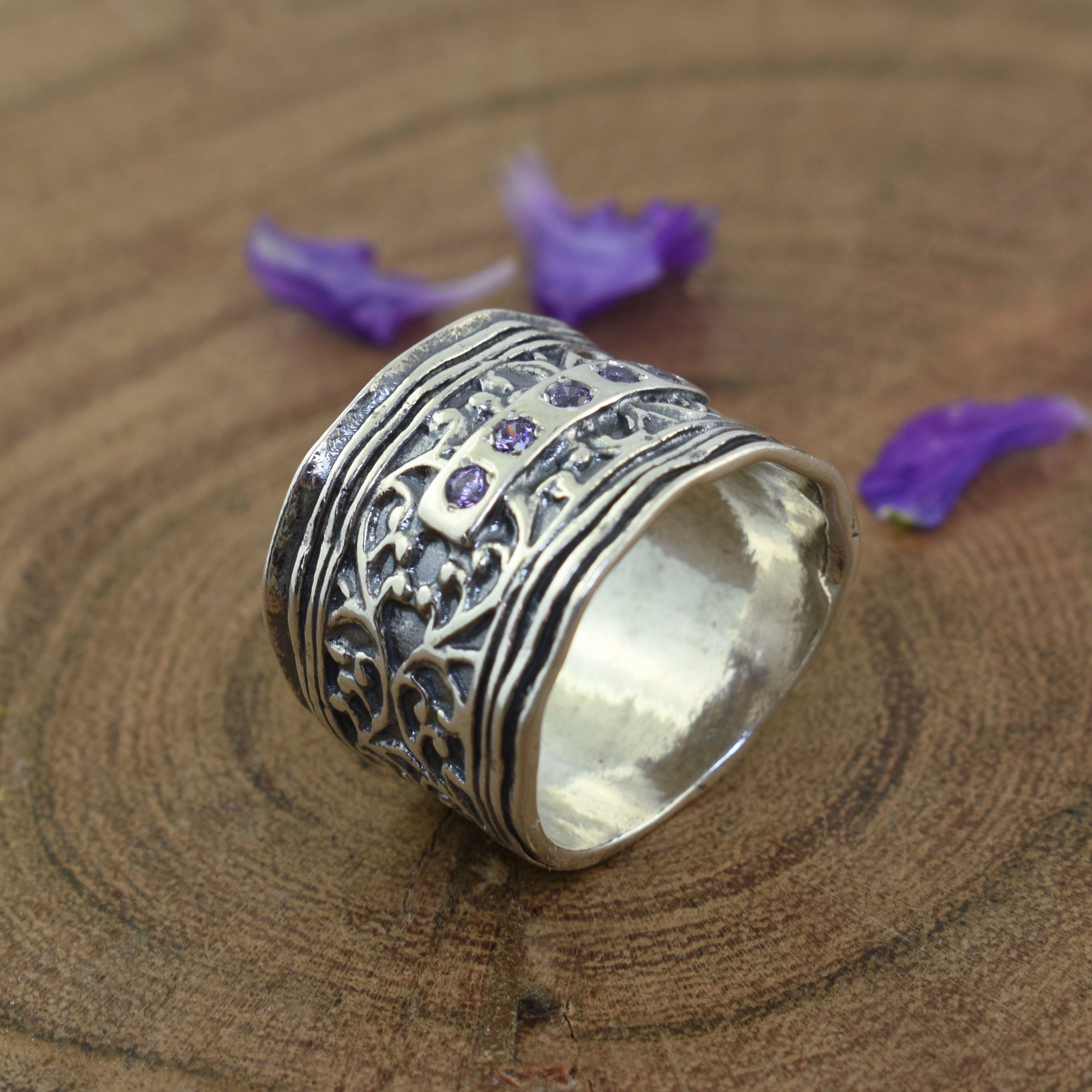sterling silver filigree ring with amethyst CZs