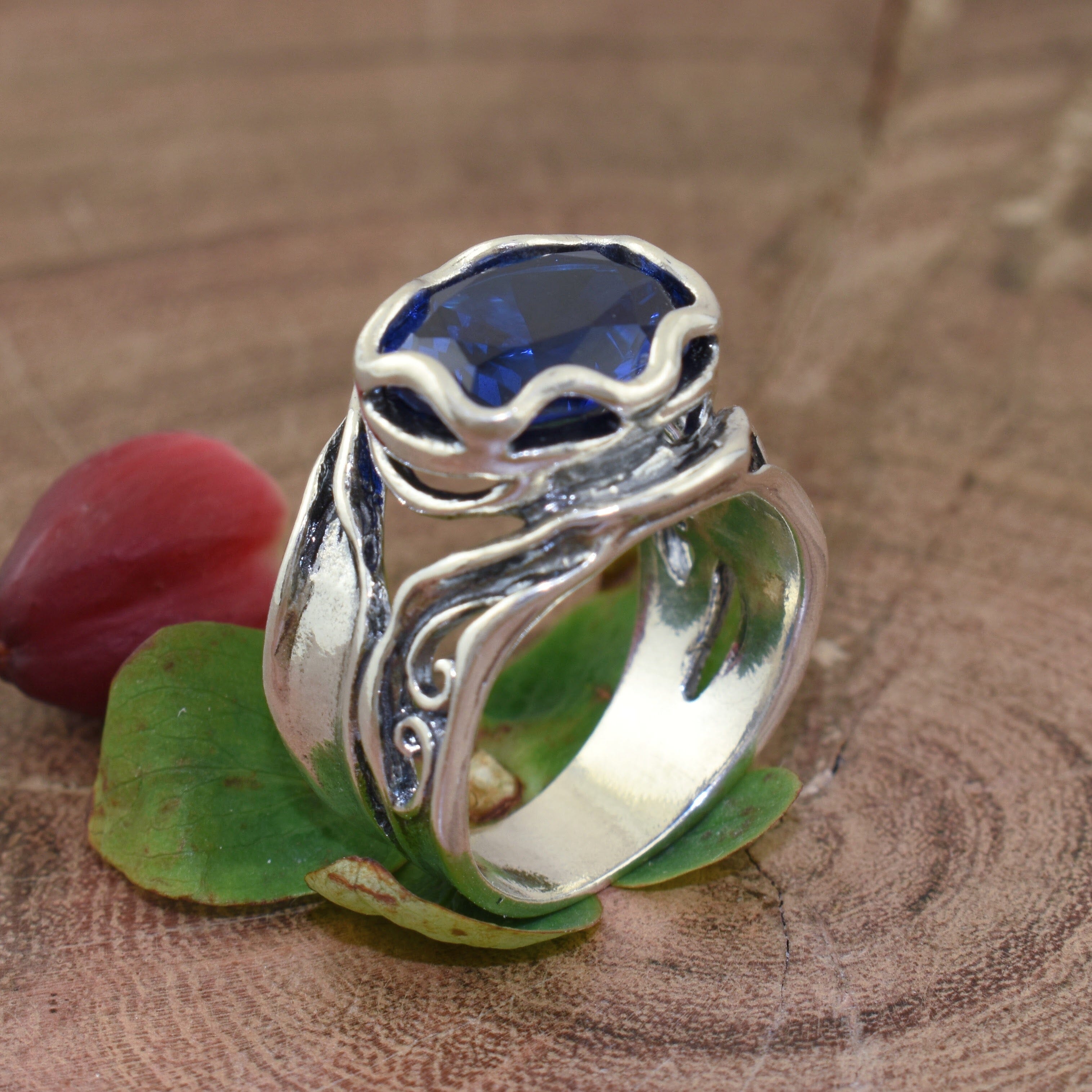 chunky ring with a blue sapphire stone