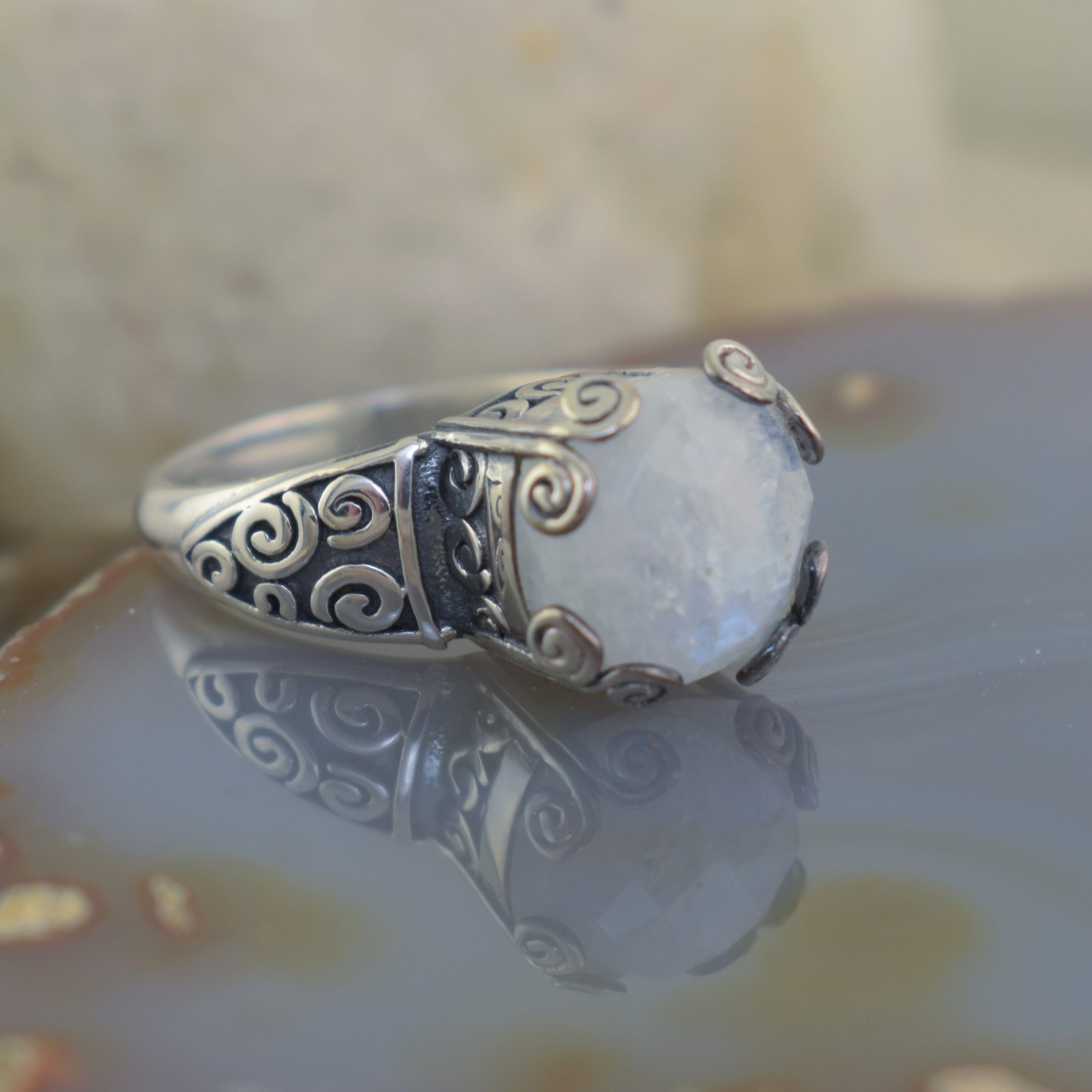 .925 sterling silver designer ring with rainbow moonstone