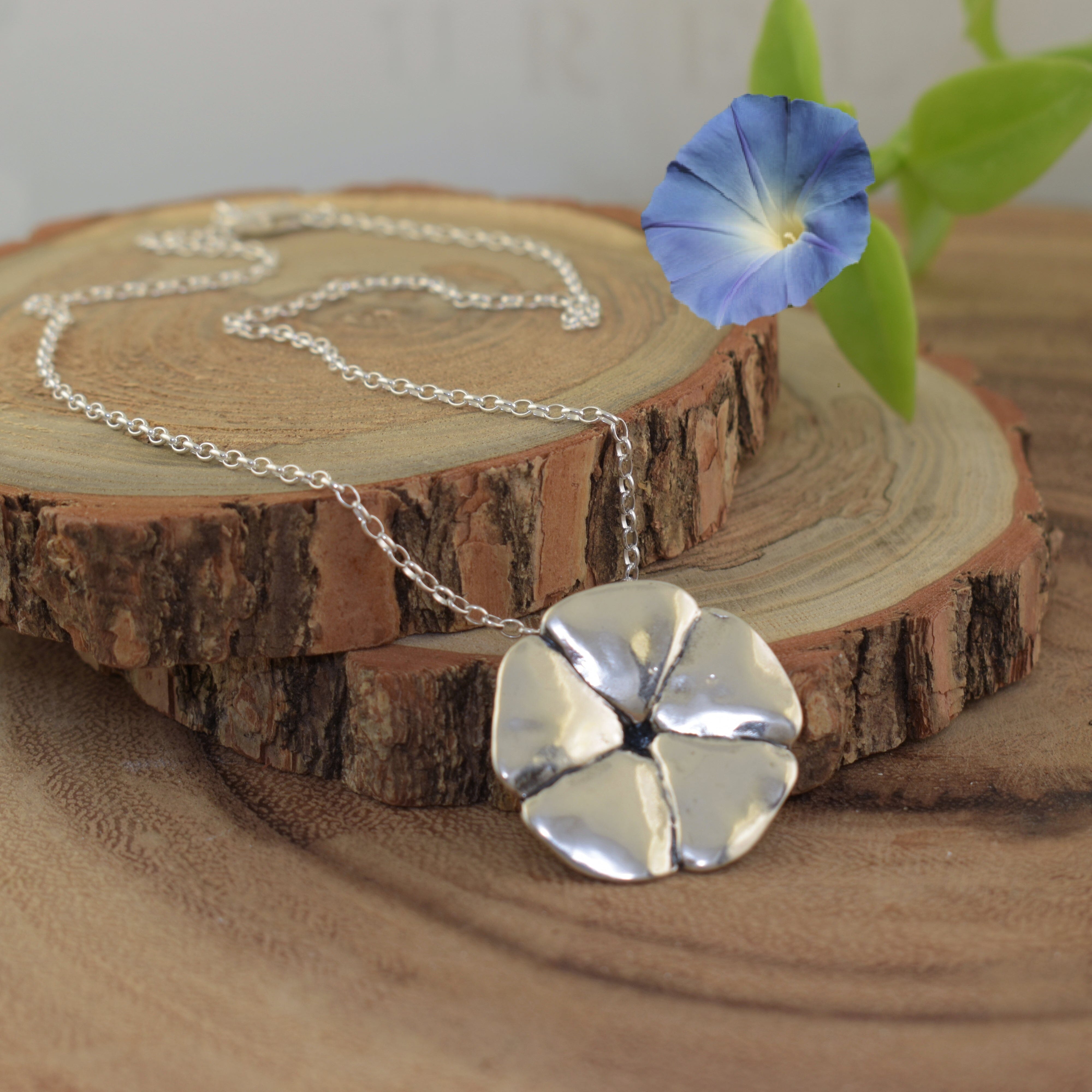 .925 sterling silver morning glory birth month flower necklace